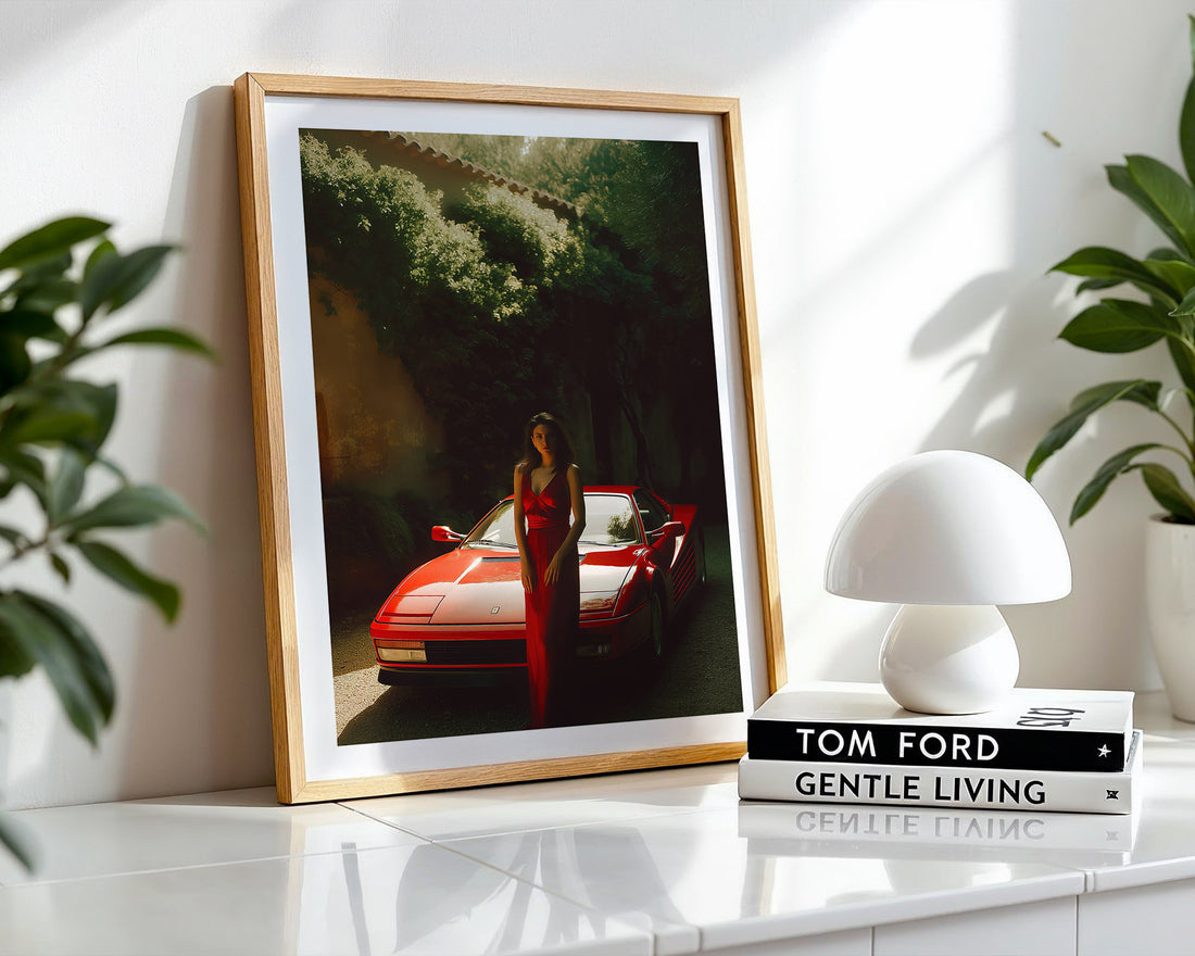 Framed photograph of a woman in a red dress standing next to a red car on a white surface with a white lamp and books in the background.