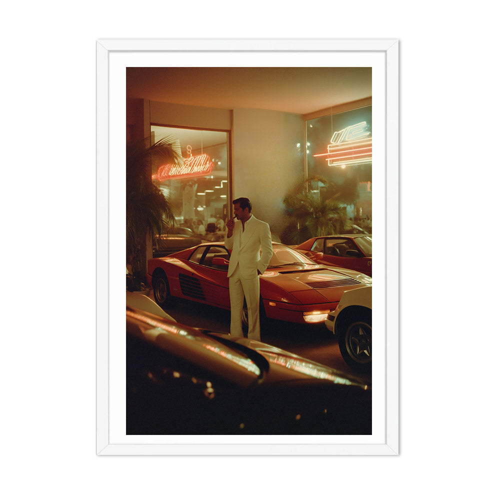 Man in a suit standing next to a red sports car in a diner setting