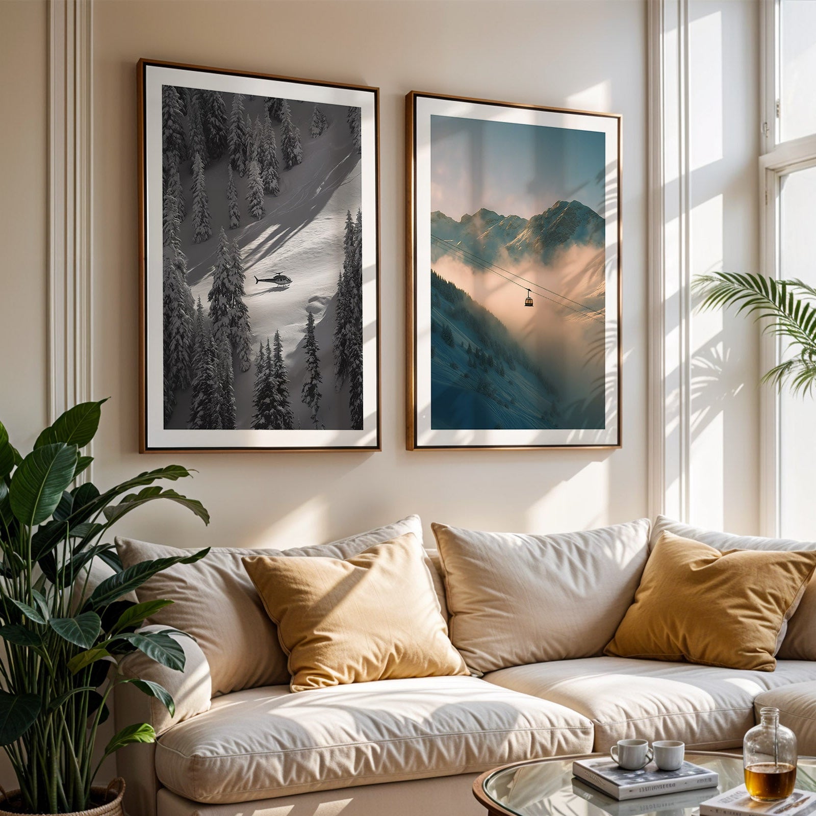 Living room with a beige sofa, framed mountain landscapes, and a large window.