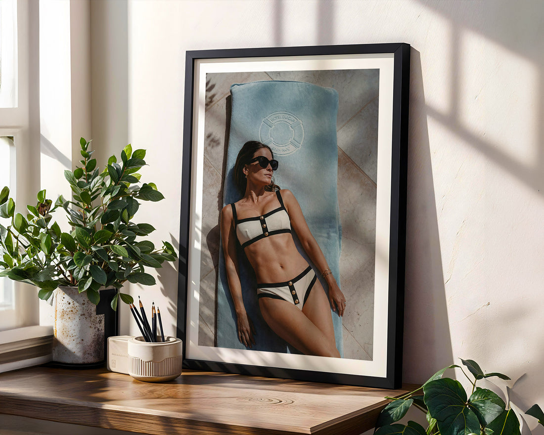 Framed photograph of a woman in a Chanel bikini at Hotel du Cap-Eden-Roc.