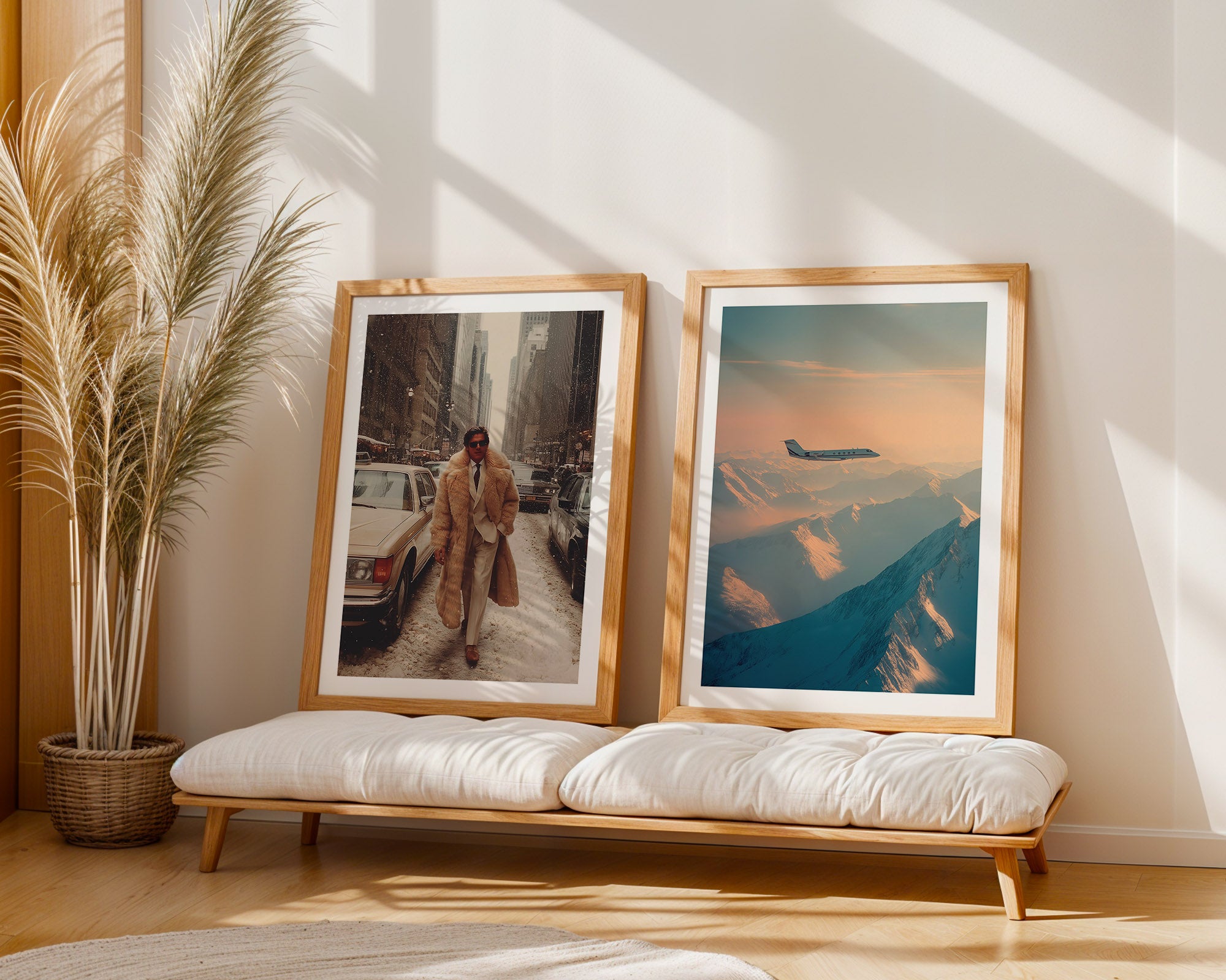 Two framed artworks on a wooden bench with a plant in the background
