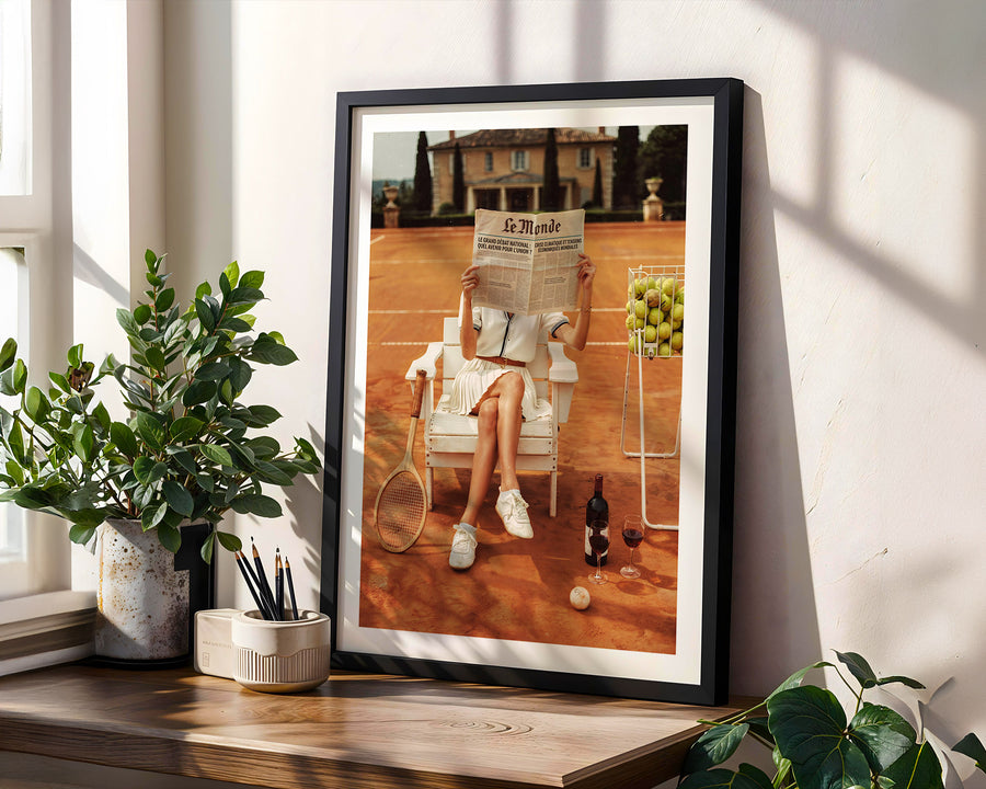 Framed artwork of a woman reading a newspaper on a tennis court, placed on a wooden surface with plants.