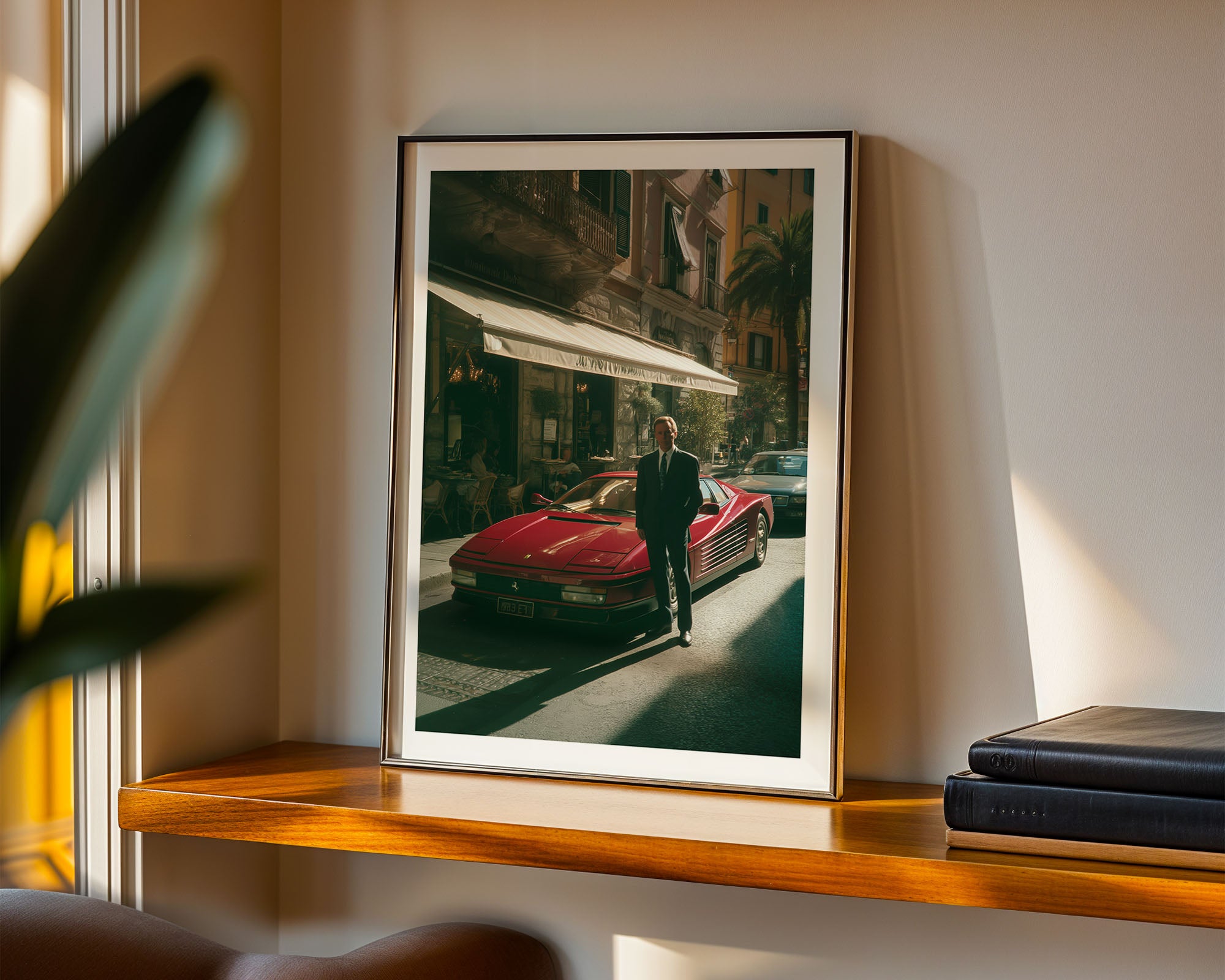 Framed photograph of a man standing next to a red Ferrari on a city street, displayed on a wooden shelf.