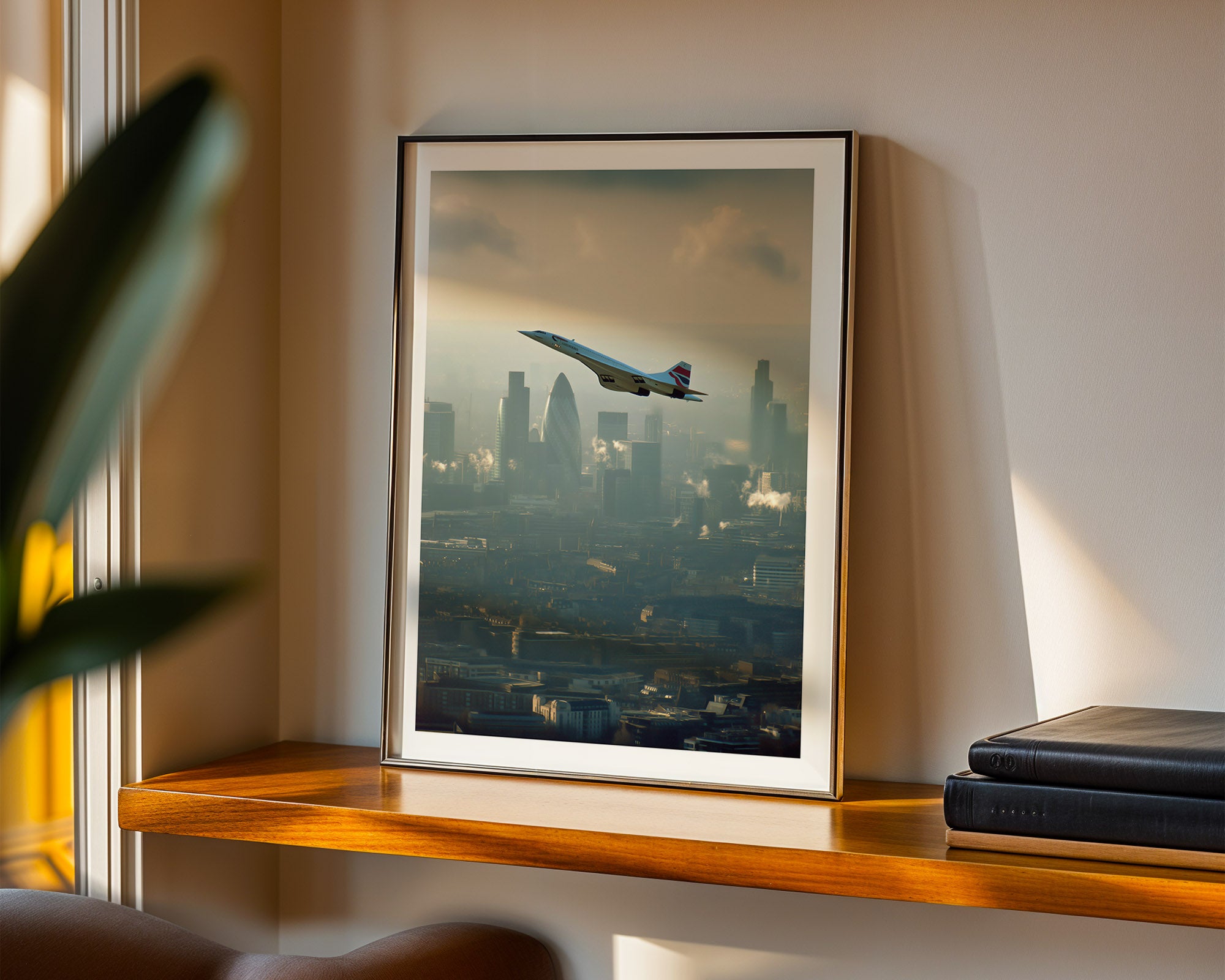 Framed artwork of an concorde flying over a cityscape on a wooden shelf.