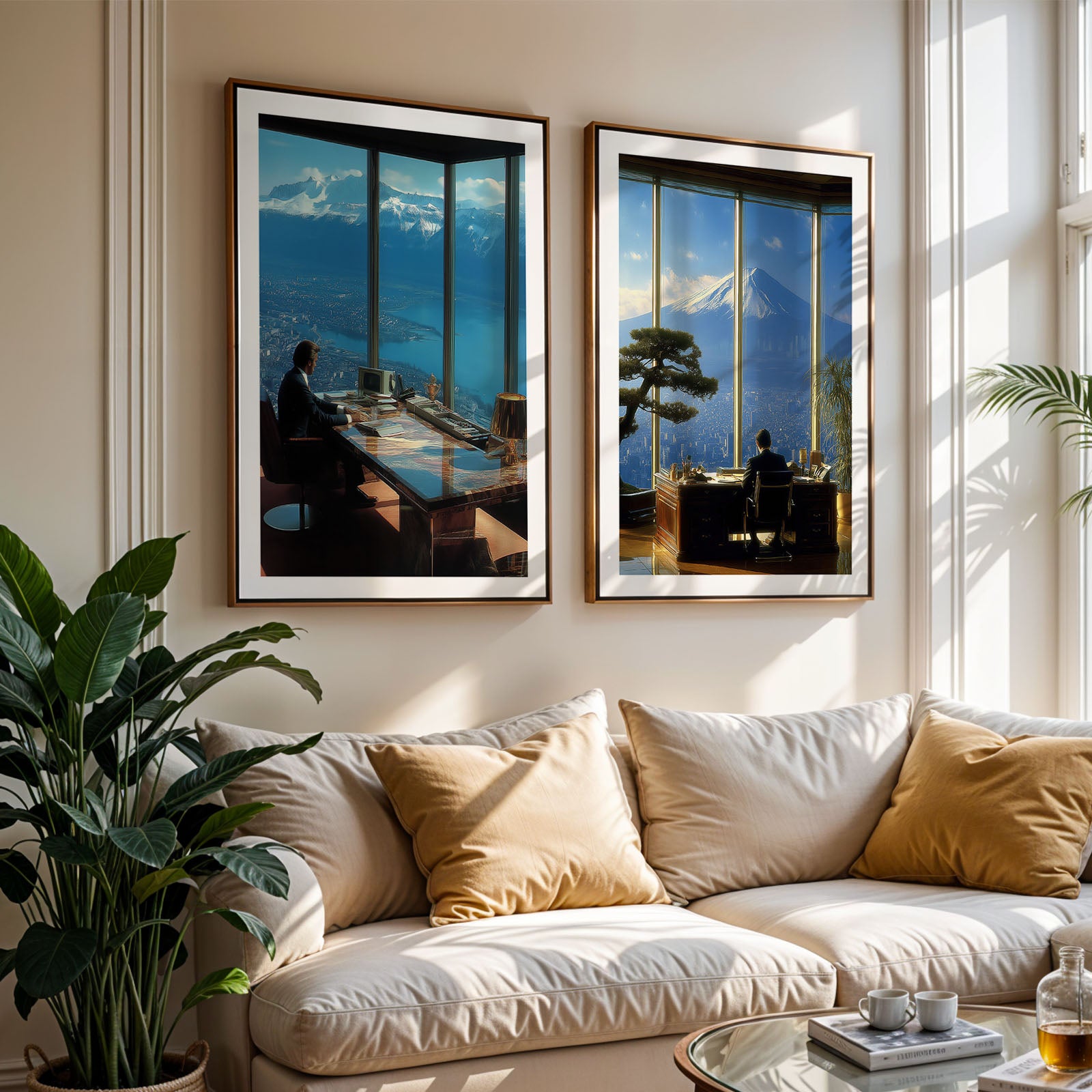 Two framed artworks above a white sofa with yellow cushions in a bright room.