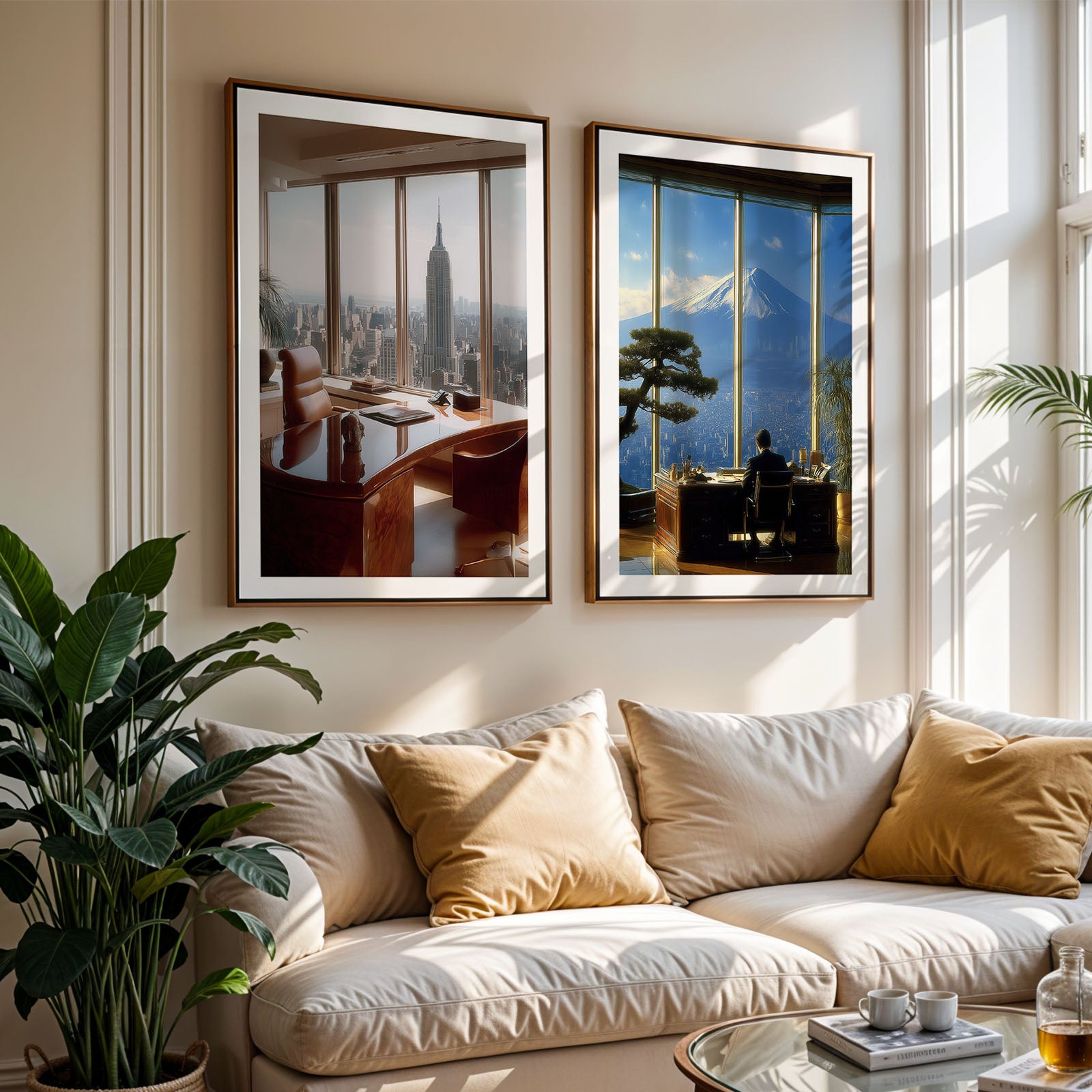 Living room with a white sofa, decorative pillows, and two framed artworks on the wall.