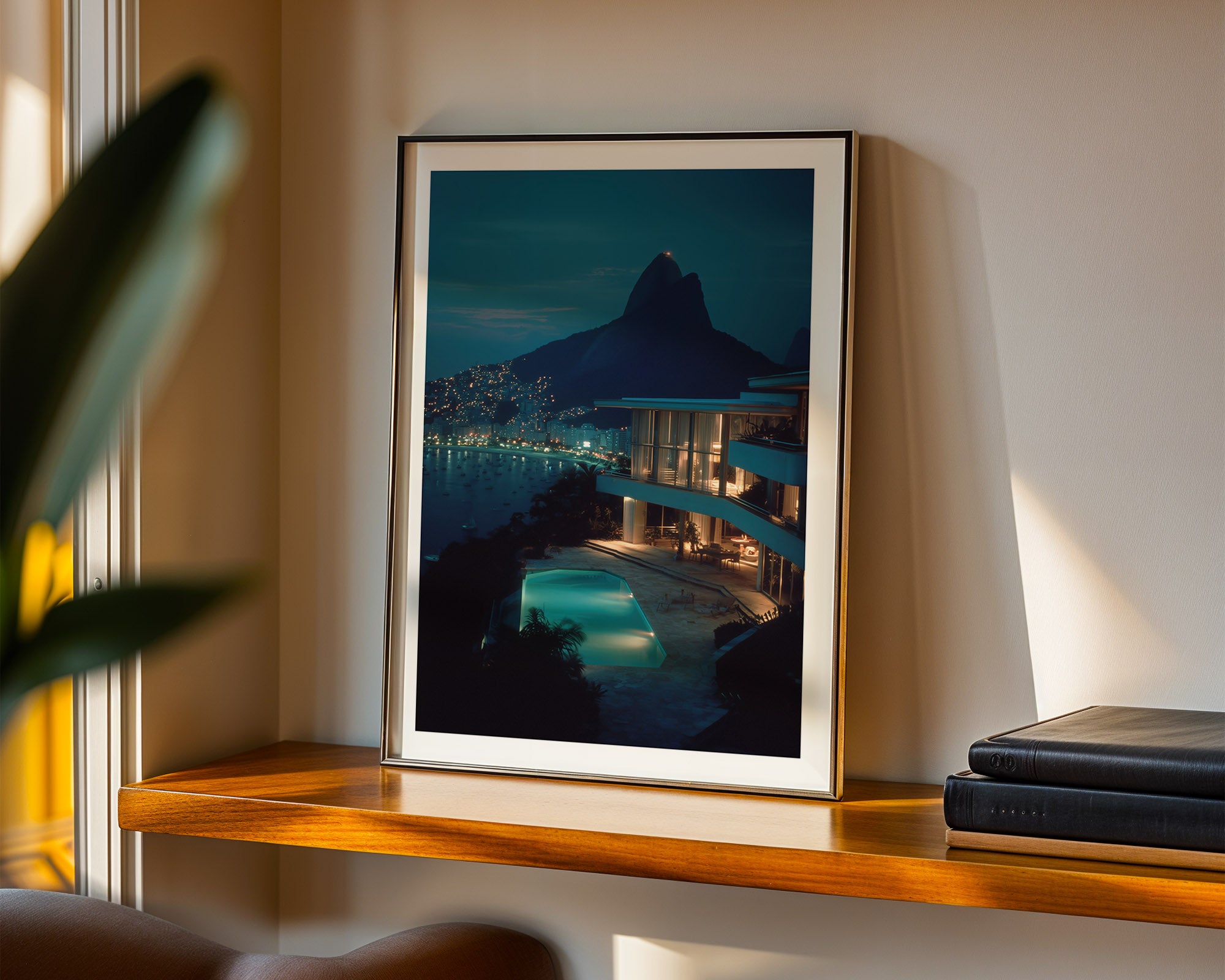 Framed artwork of a mountain and cityscape on a wooden shelf.