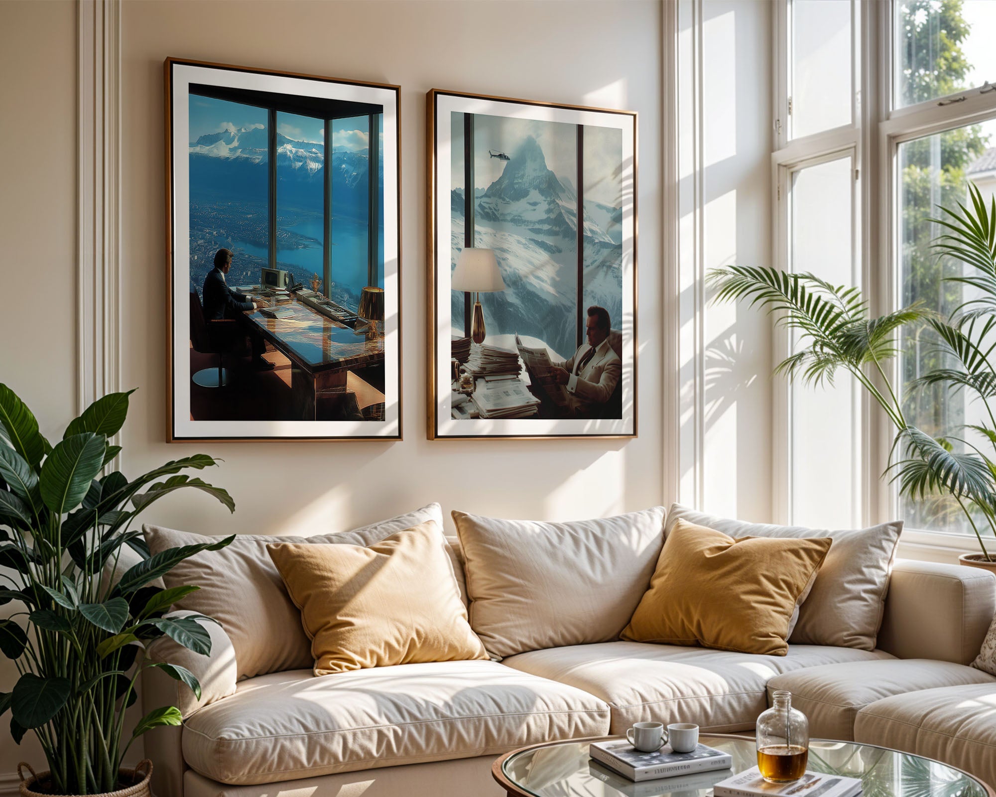 Living room with a beige sofa, framed mountain views, and plants.
