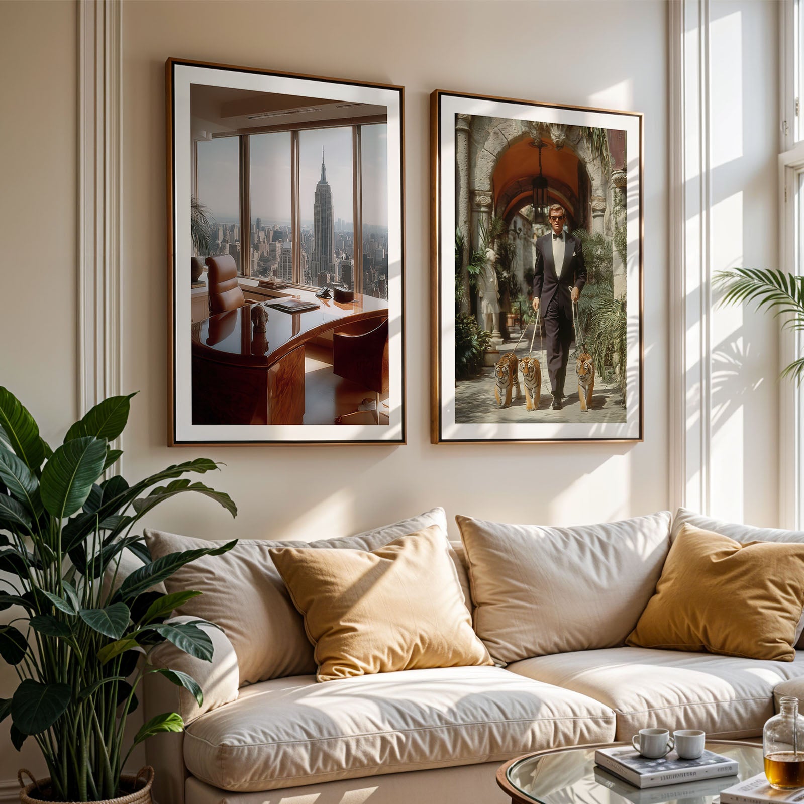 Living room with a white sofa, framed pictures on the wall, and a plant.