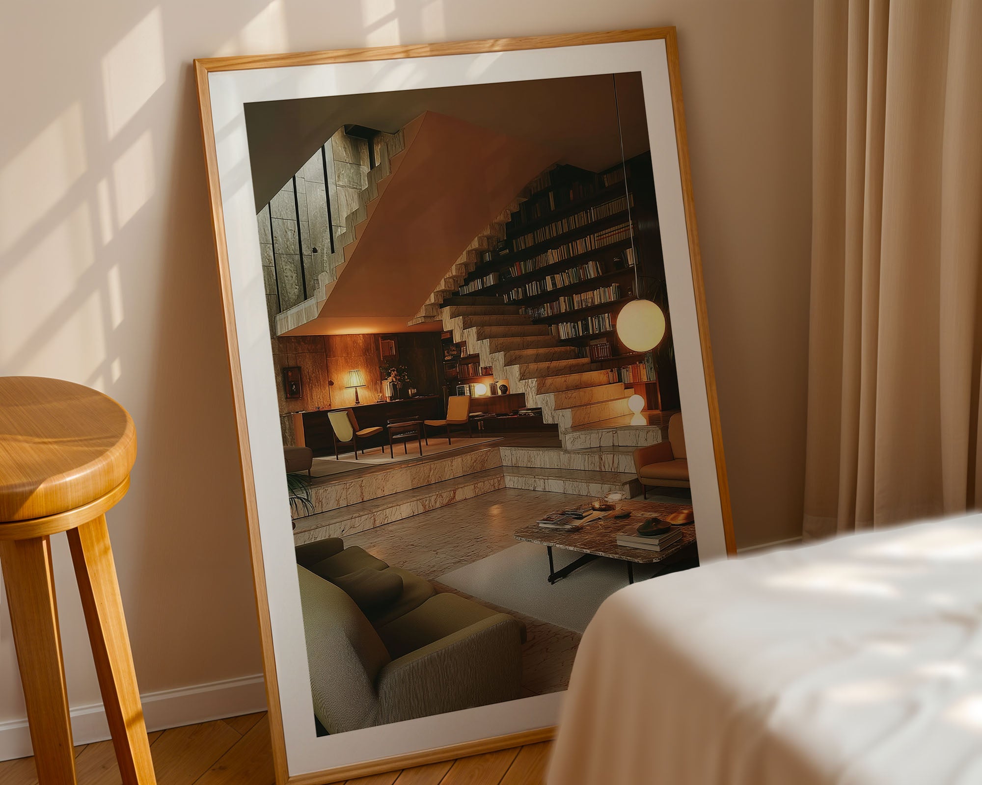 Large mirror reflecting a room with a staircase and books, placed on a wooden floor.