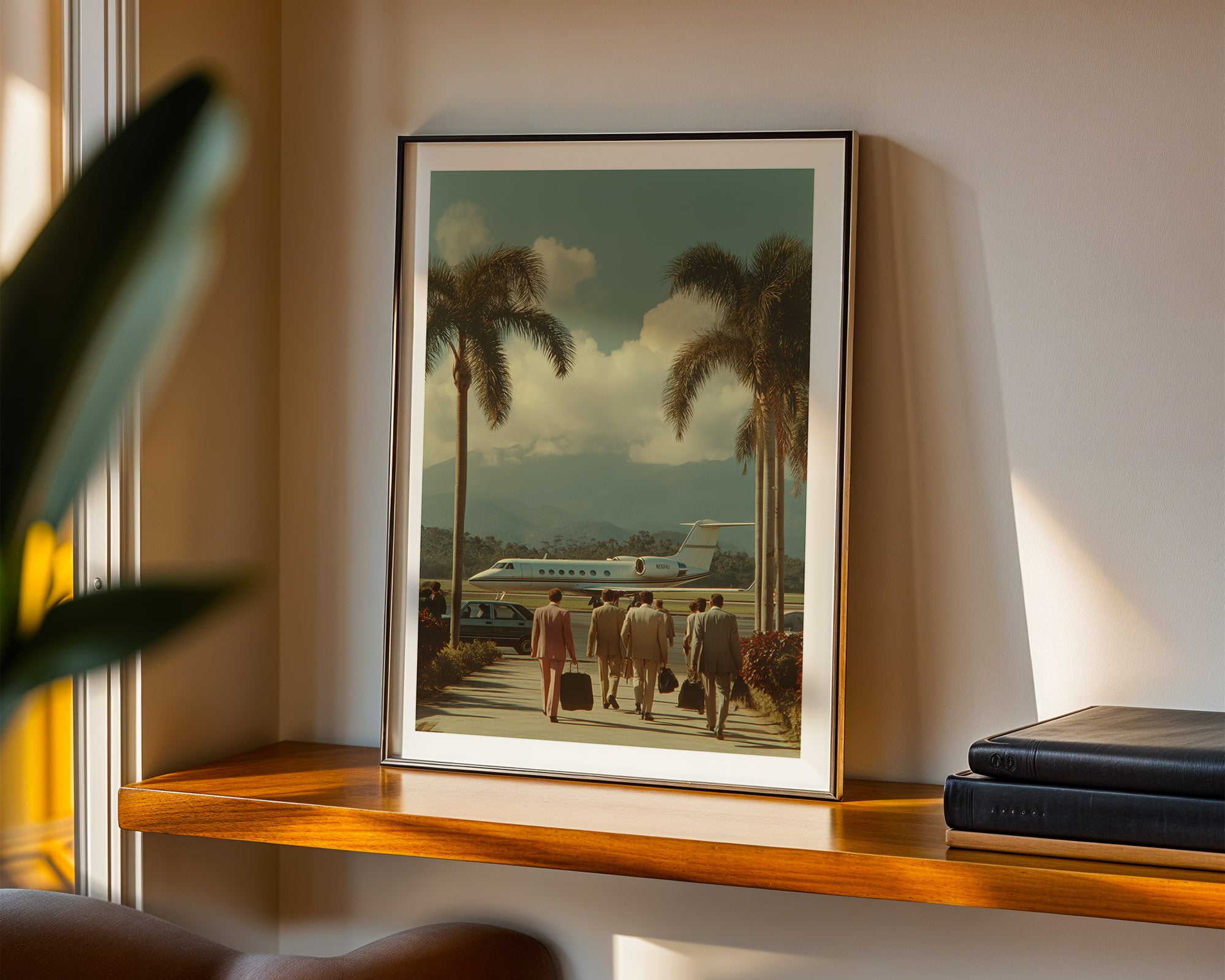 Framed artwork of people walking towards an airplane on a wooden shelf.
