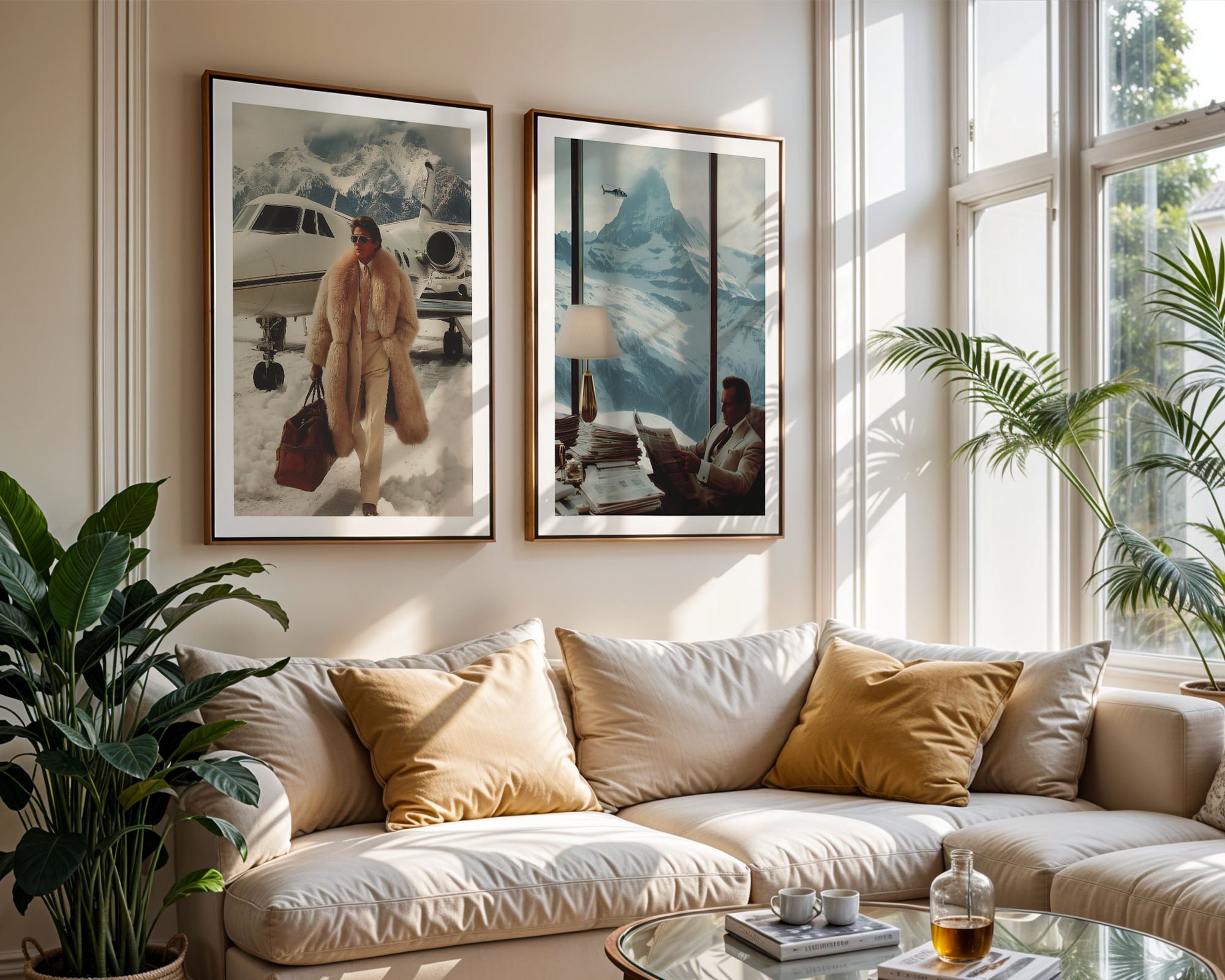 Living room with a beige sofa, decorative pillows, and framed artwork on the wall.