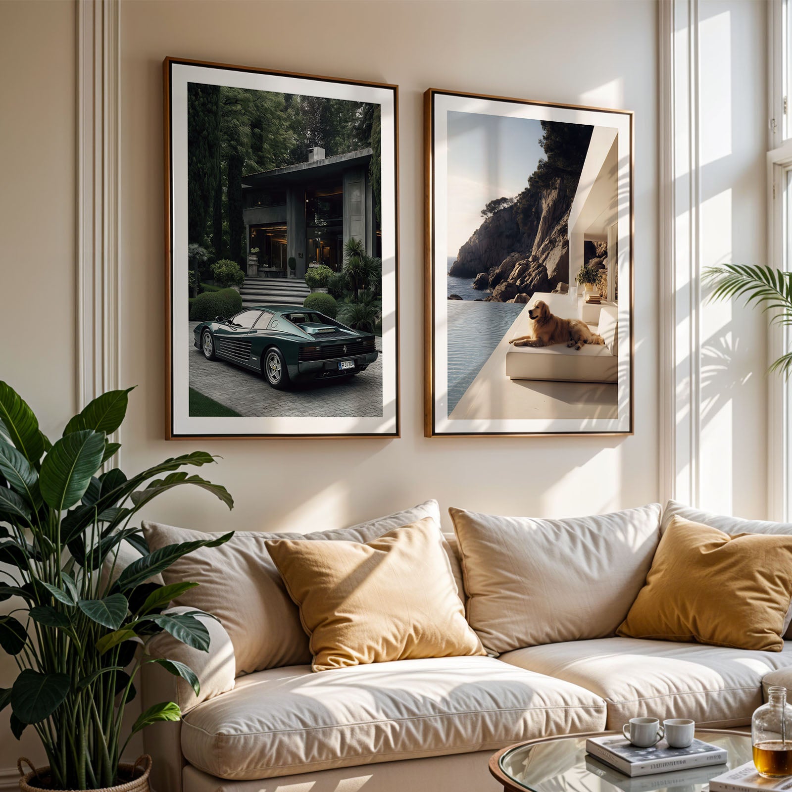 Living room with a white sofa, decorative pillows, and framed pictures on the wall.