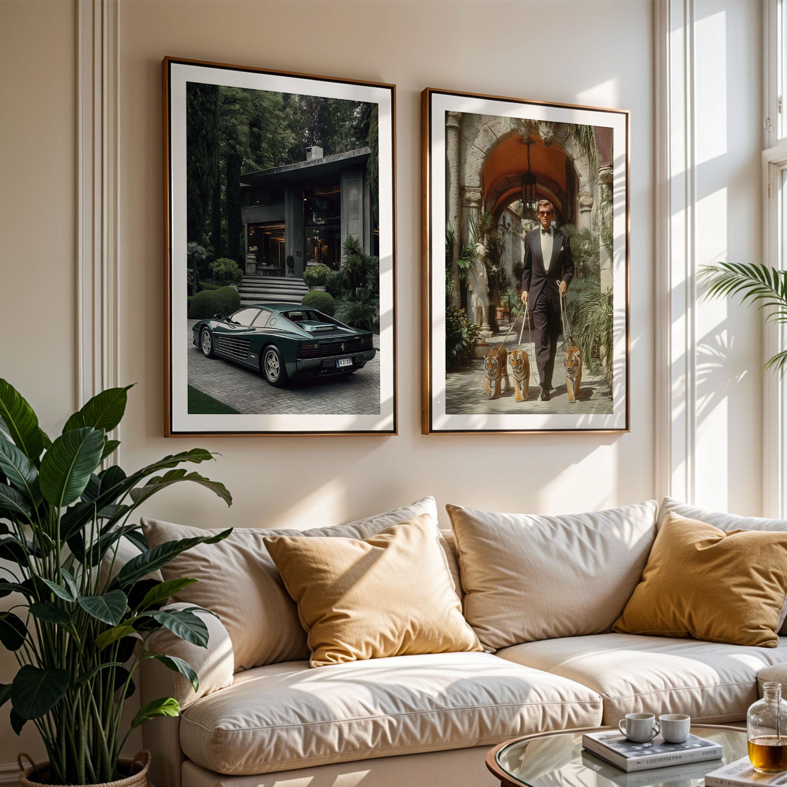 Living room with a white sofa, framed pictures on the wall, and a plant.