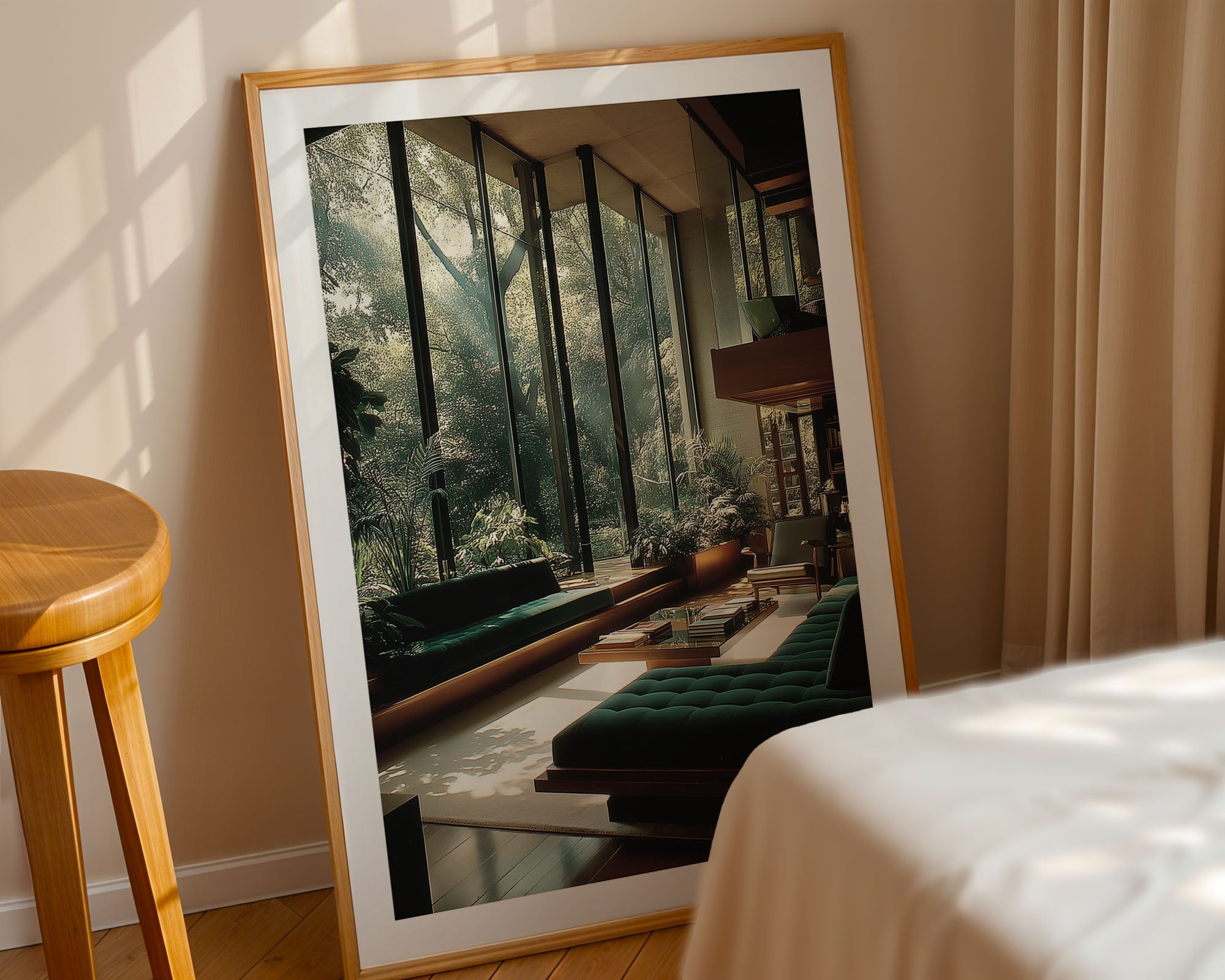 Large framed picture of a room with a piano and large windows, leaning against a wall.