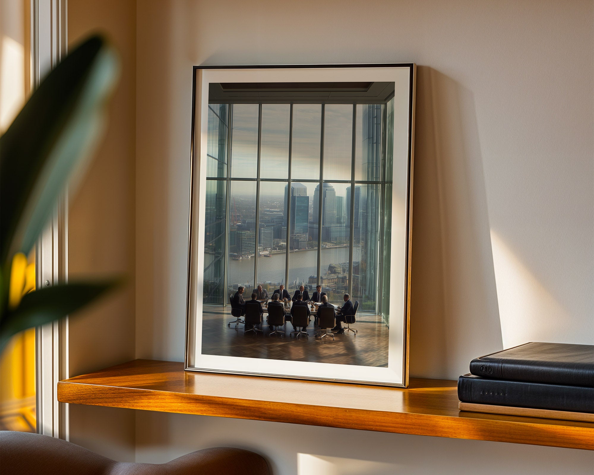 Framed photograph of a cityscape with people sitting on a wooden shelf.