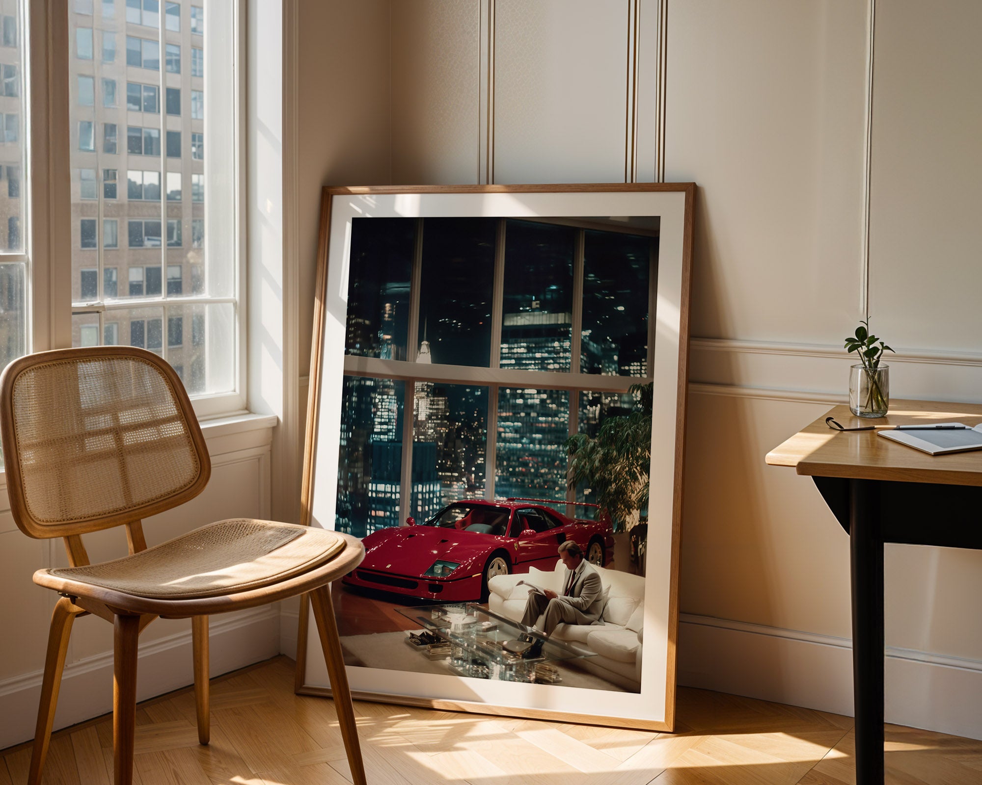 Room interior with a large mirror reflecting a cityscape, red car, and furniture.