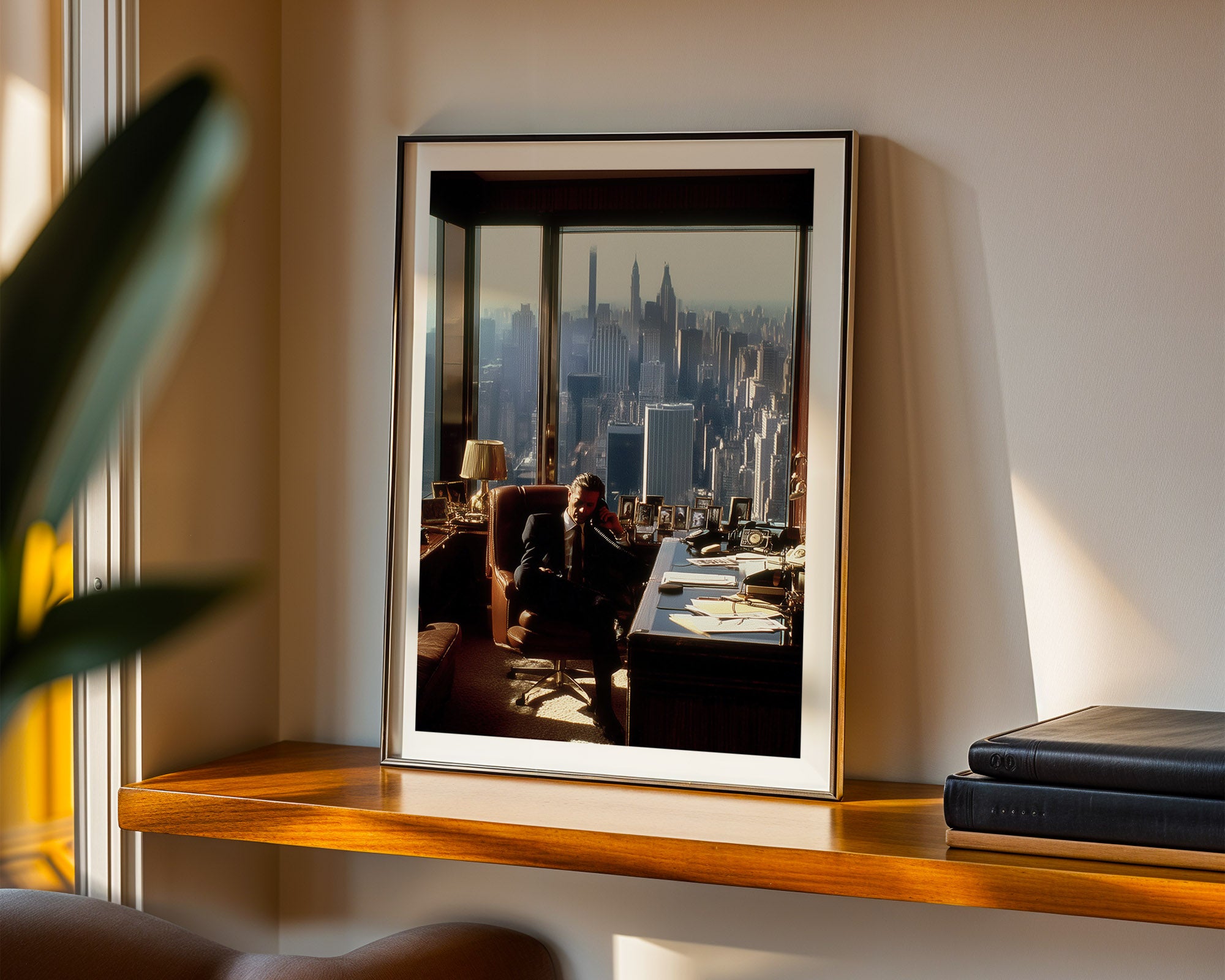 Framed photograph of a cityscape on a shelf with books and a plant.