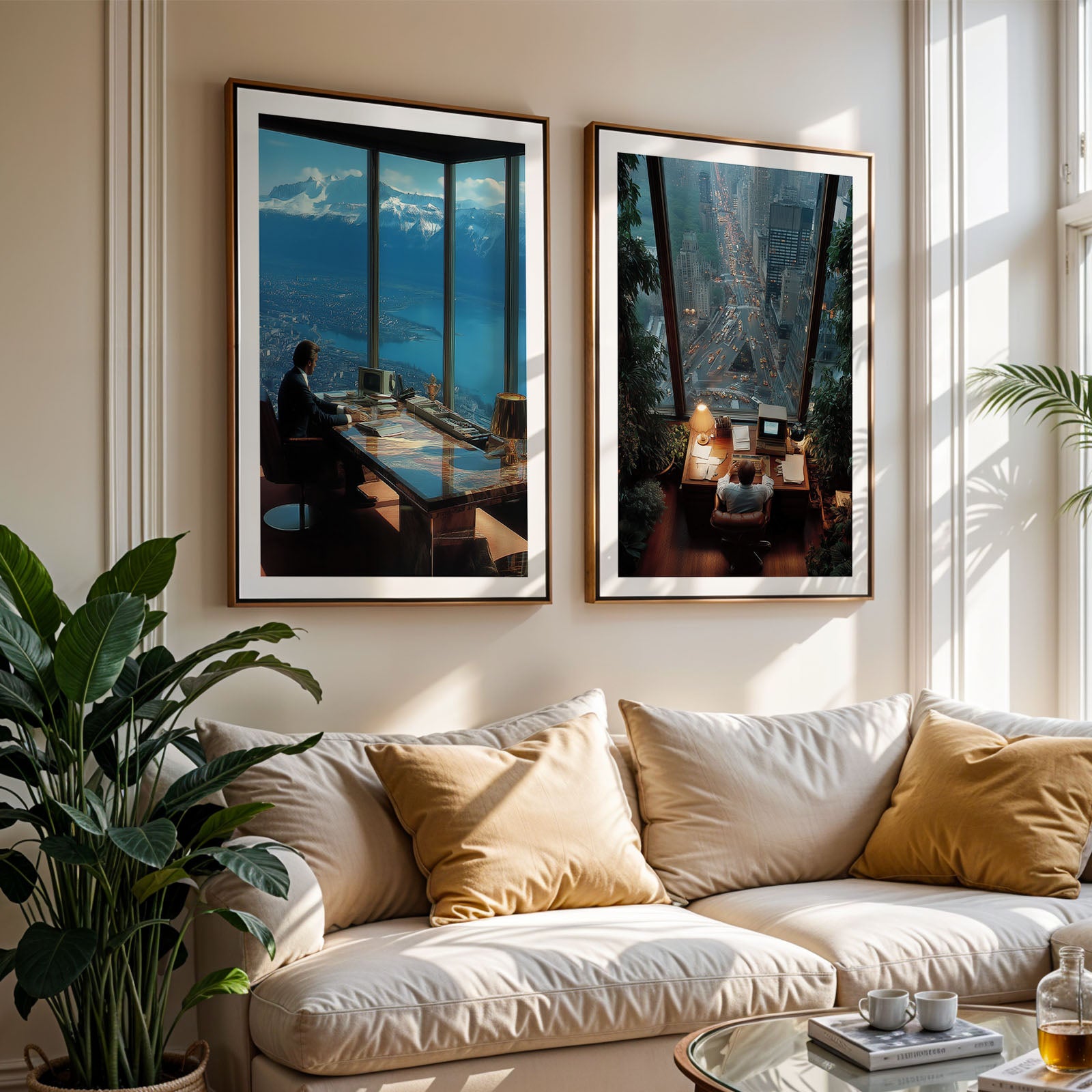 Living room with a white sofa, decorative pillows, and framed artwork on the wall.