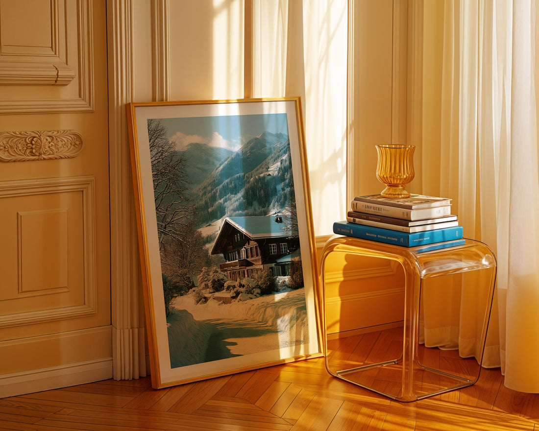 Framed landscape print on a wall next to a transparent side table with books and a vase.