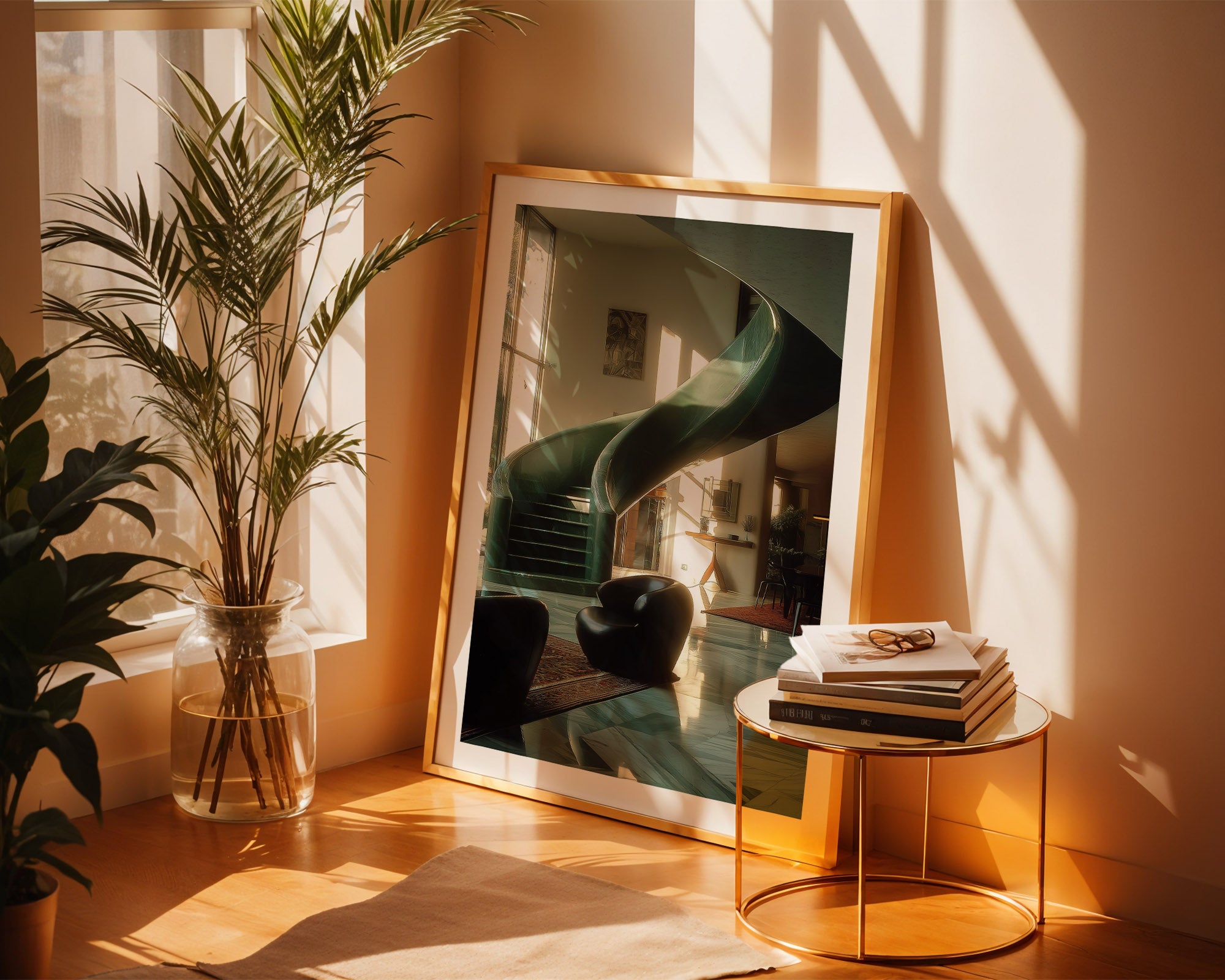 Framed artwork on a wall with a plant and small table in the foreground