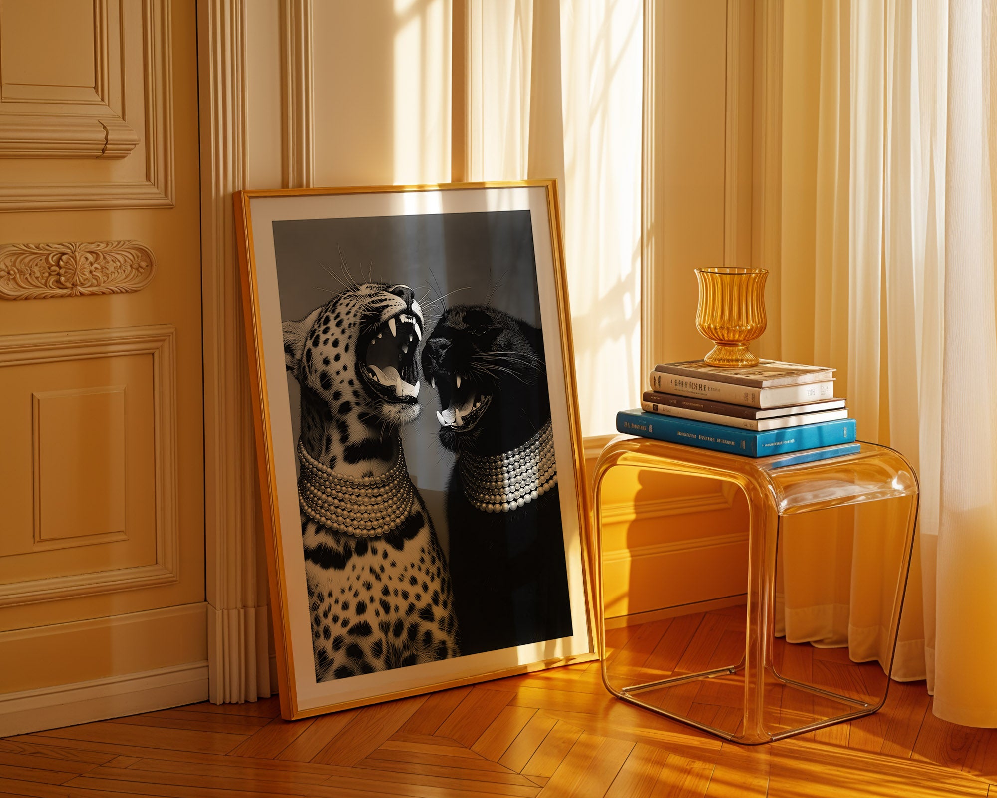 Framed artwork of a leopard and panther on a wooden floor with a clear side table and books in the background.