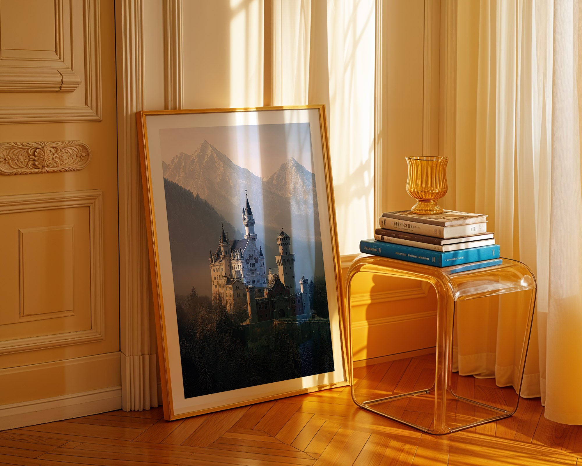 Framed picture of a castle on a wall next to a transparent side table with books and a vase.