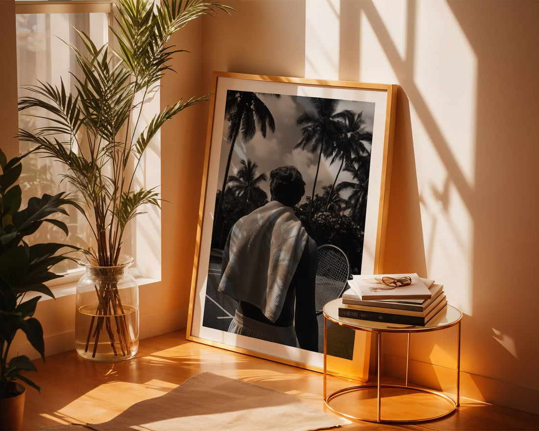 Framed artwork on a wall with a plant and small table in the foreground