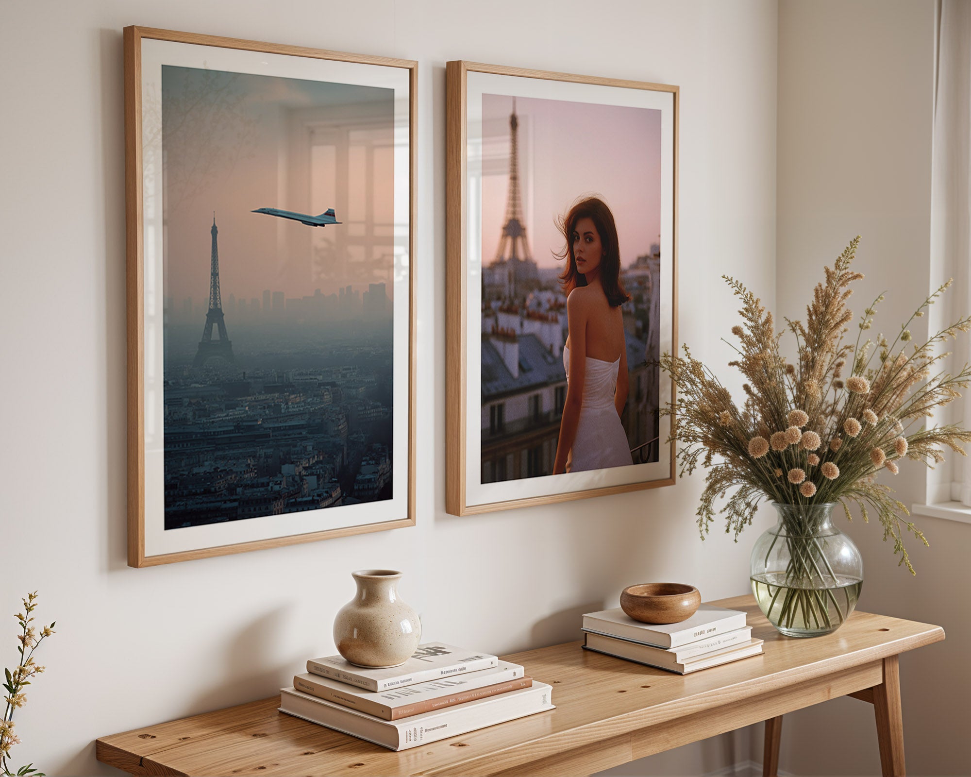 Two framed artworks on a wall above a wooden console table with decorative items.