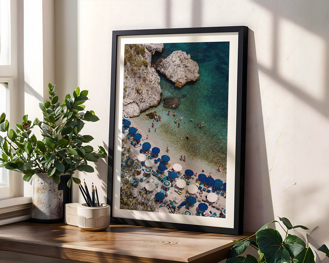 Framed beach scene print on a wooden shelf with plants