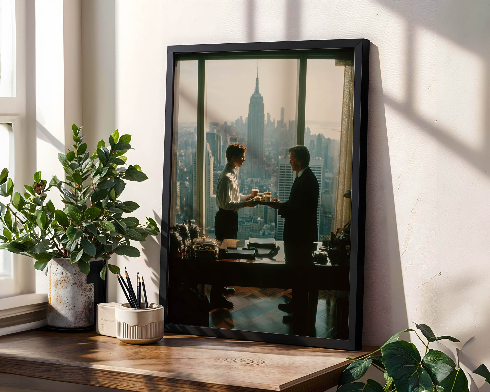 Framed artwork of two people in a cityscape on a wall with plants around.