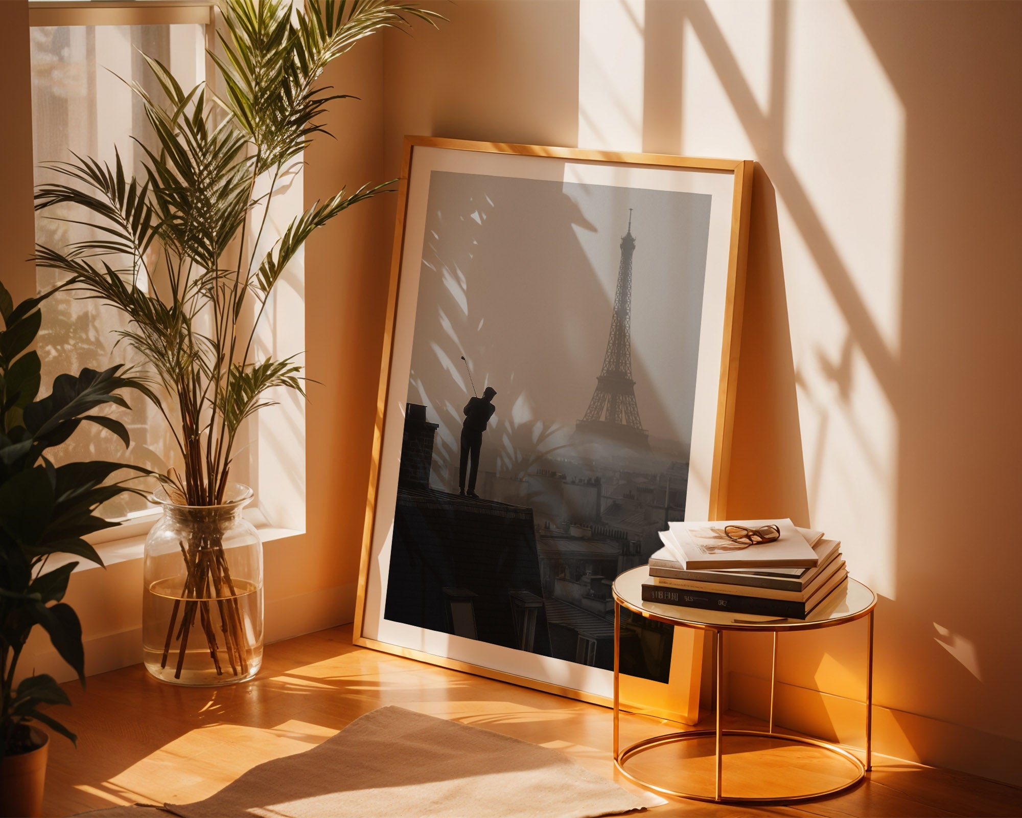 Framed artwork of the Eiffel Tower on a wall with a plant and small table in the foreground.