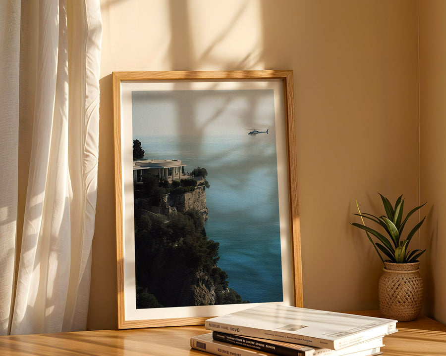 Framed artwork of a coastal scene on a shelf with books and a plant.