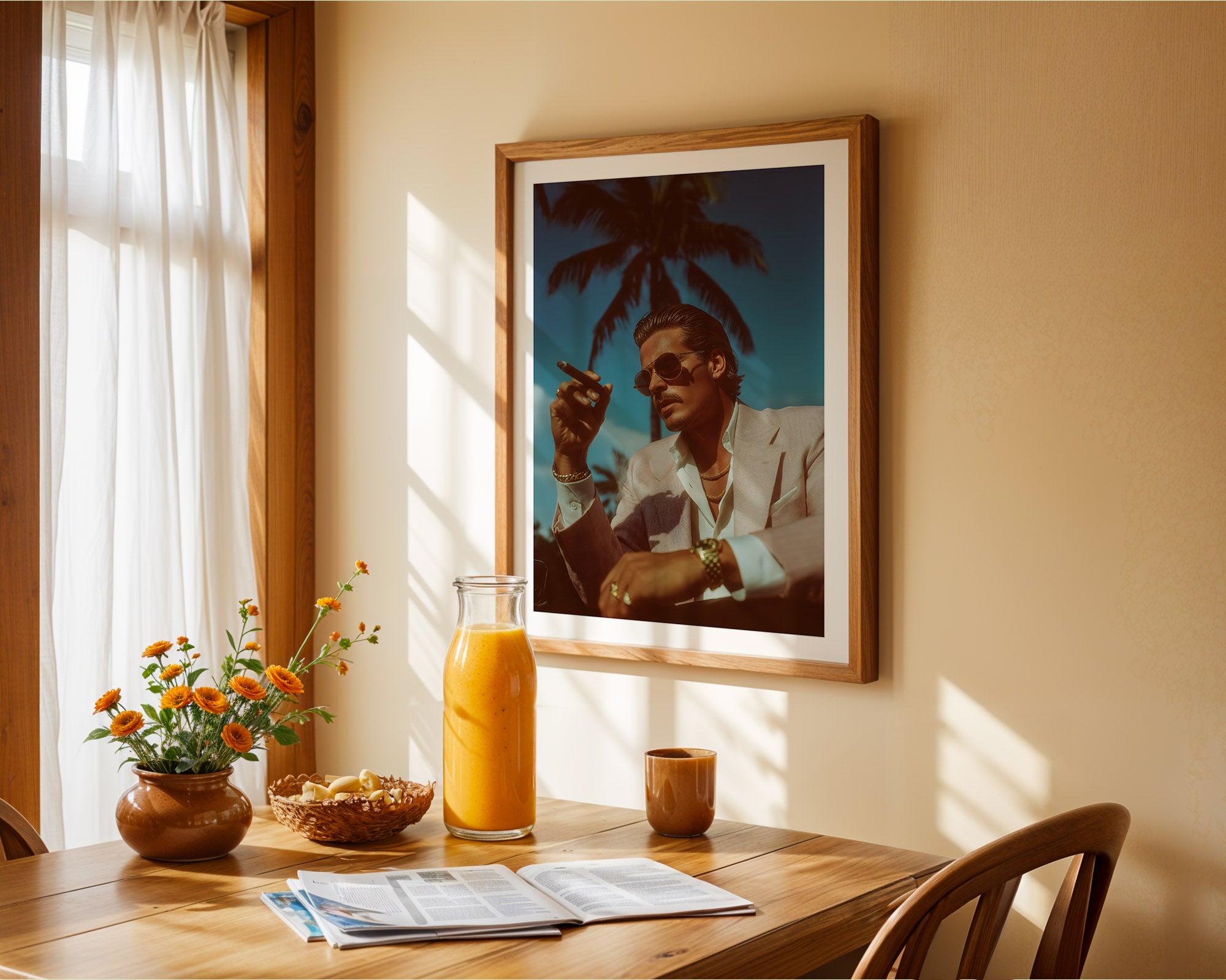 Dining room with a table set for breakfast, a vase of flowers, and a framed picture on the wall.