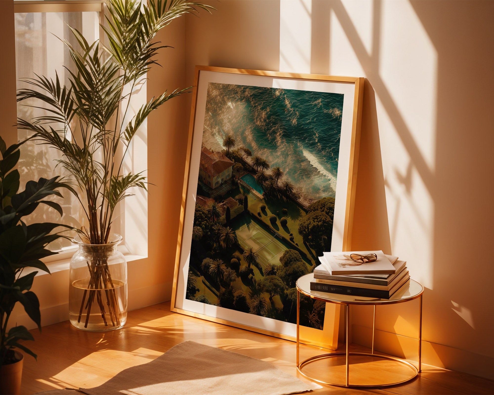 Framed artwork on a wall with a plant and books on a small table.