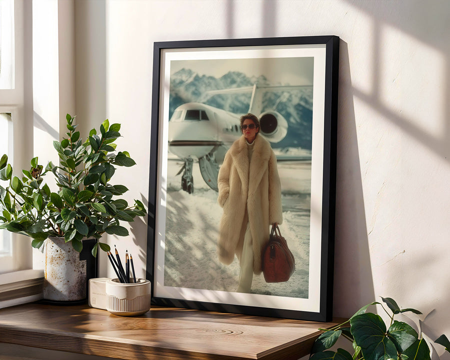 Framed artwork of a woman in a coat standing next to an airplane on a wooden shelf with plants.