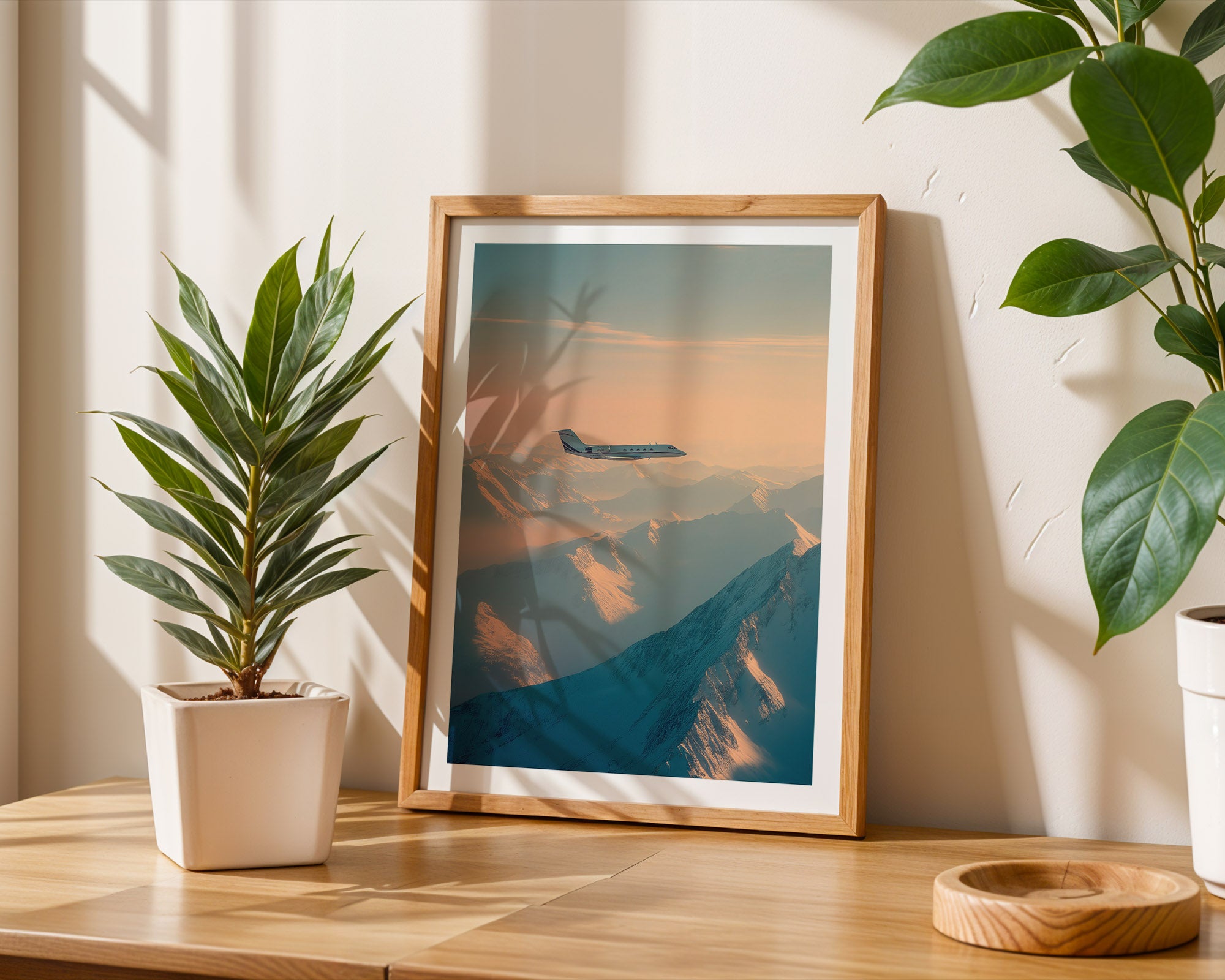 Framed artwork of an airplane over water on a wooden table with plants.