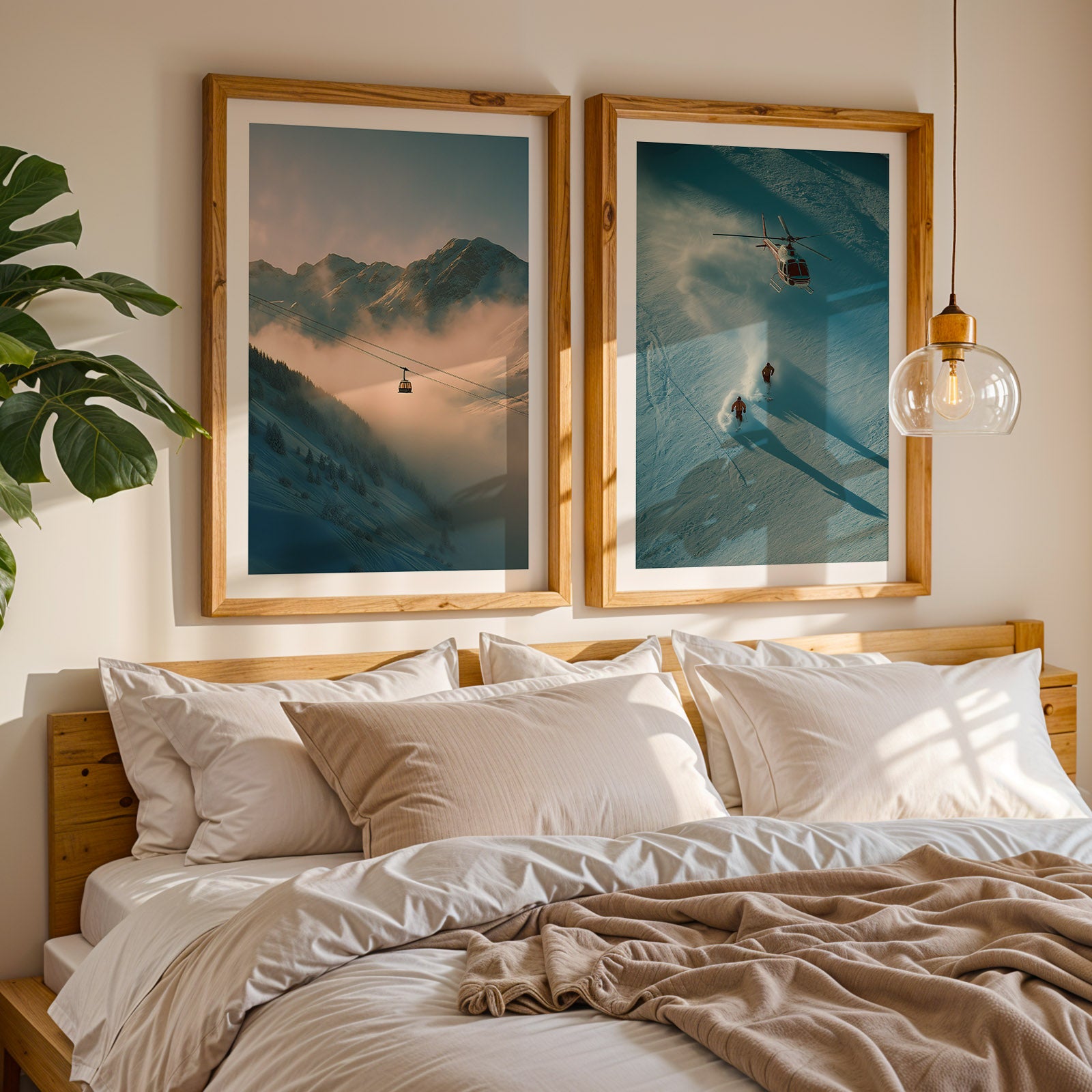Bedroom with two framed mountain landscapes above a bed.