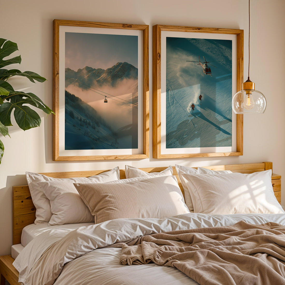 Bedroom with two framed mountain landscapes above a bed.