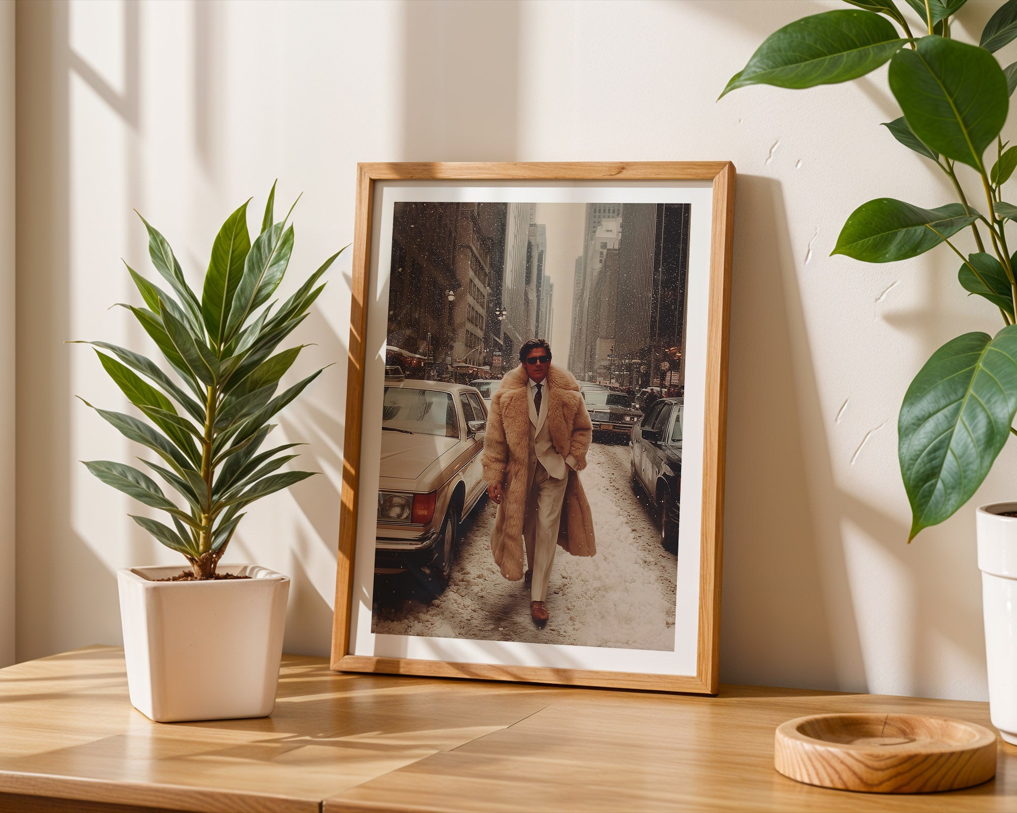 Framed photograph of a person in a coat on a table with plants and a candle