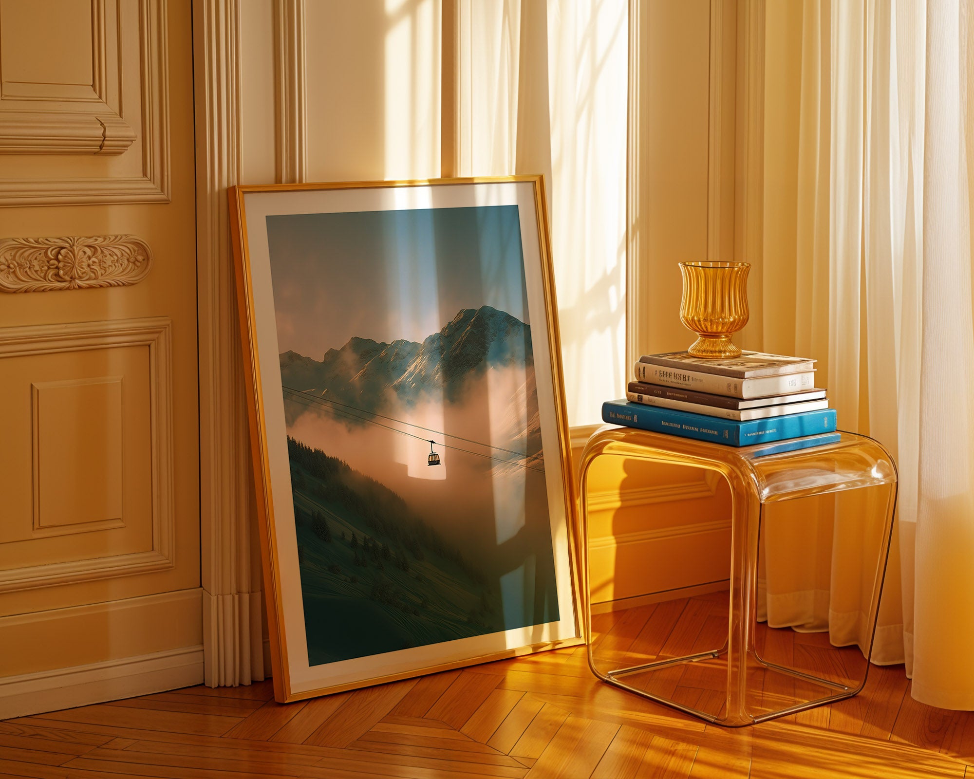 Framed artwork leaning against a wall next to a transparent side table with books and a vase.