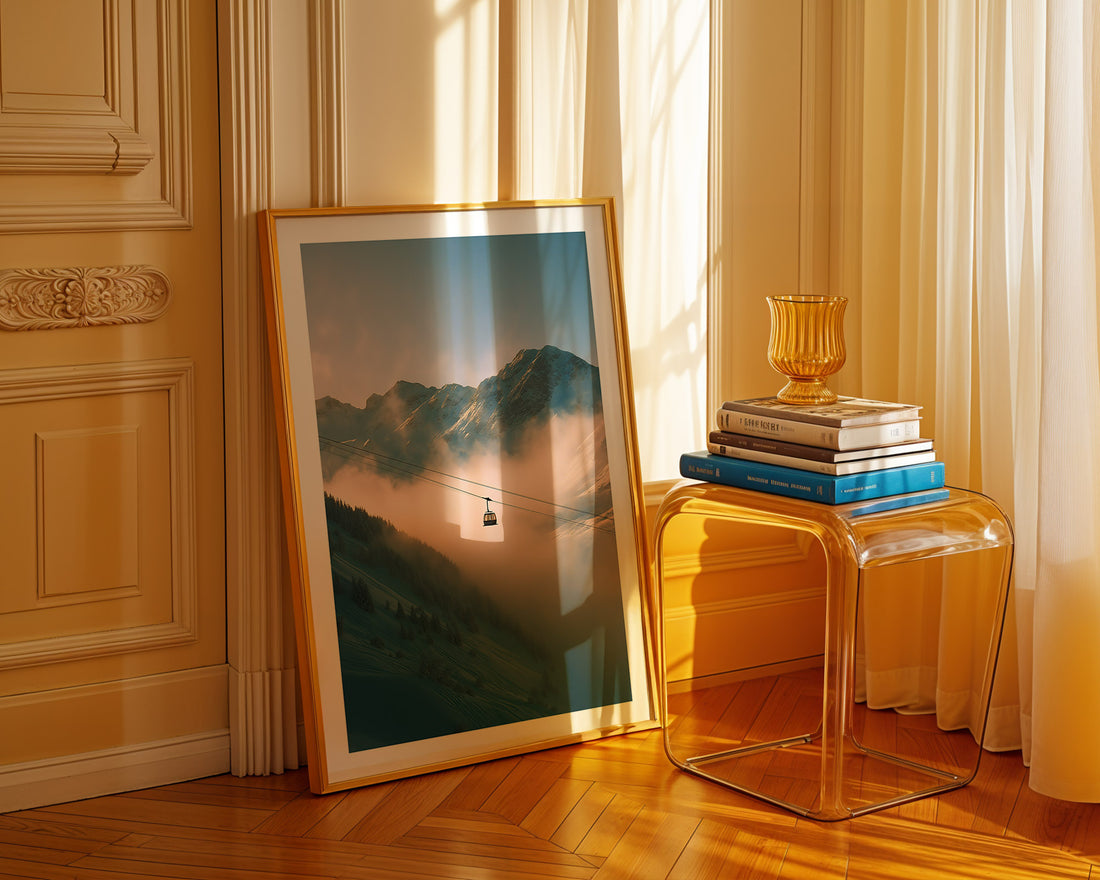 Framed artwork leaning against a wall next to a transparent side table with books and a vase.