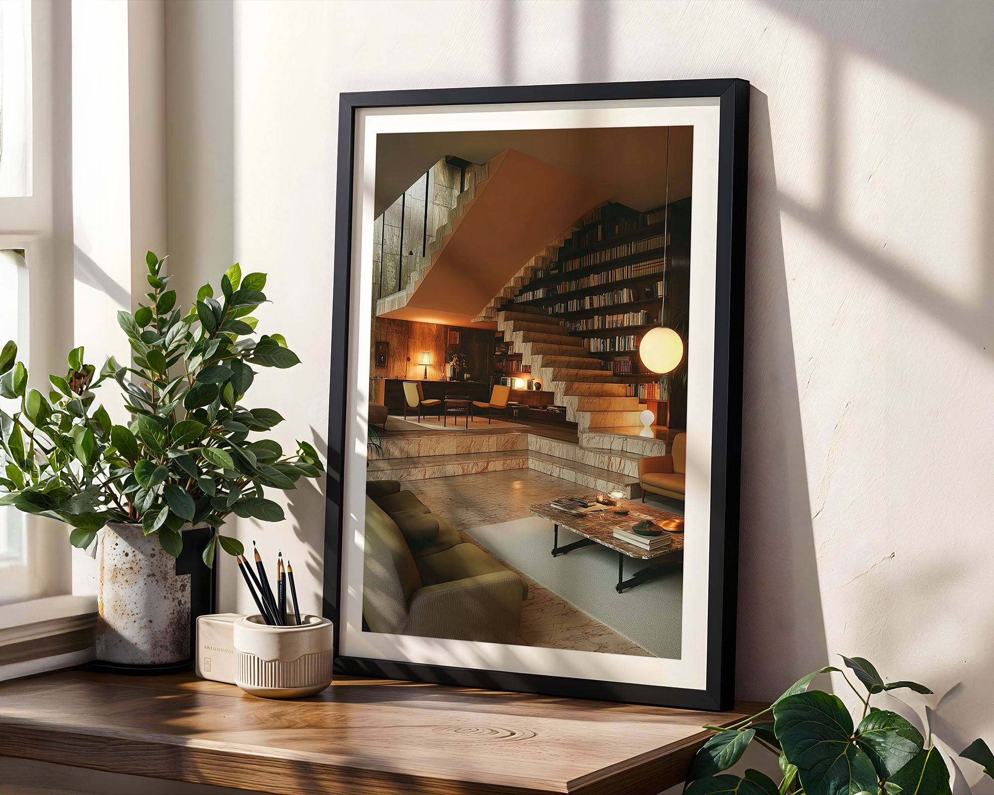 Framed artwork of a modern interior design on a wall with plants and decor.