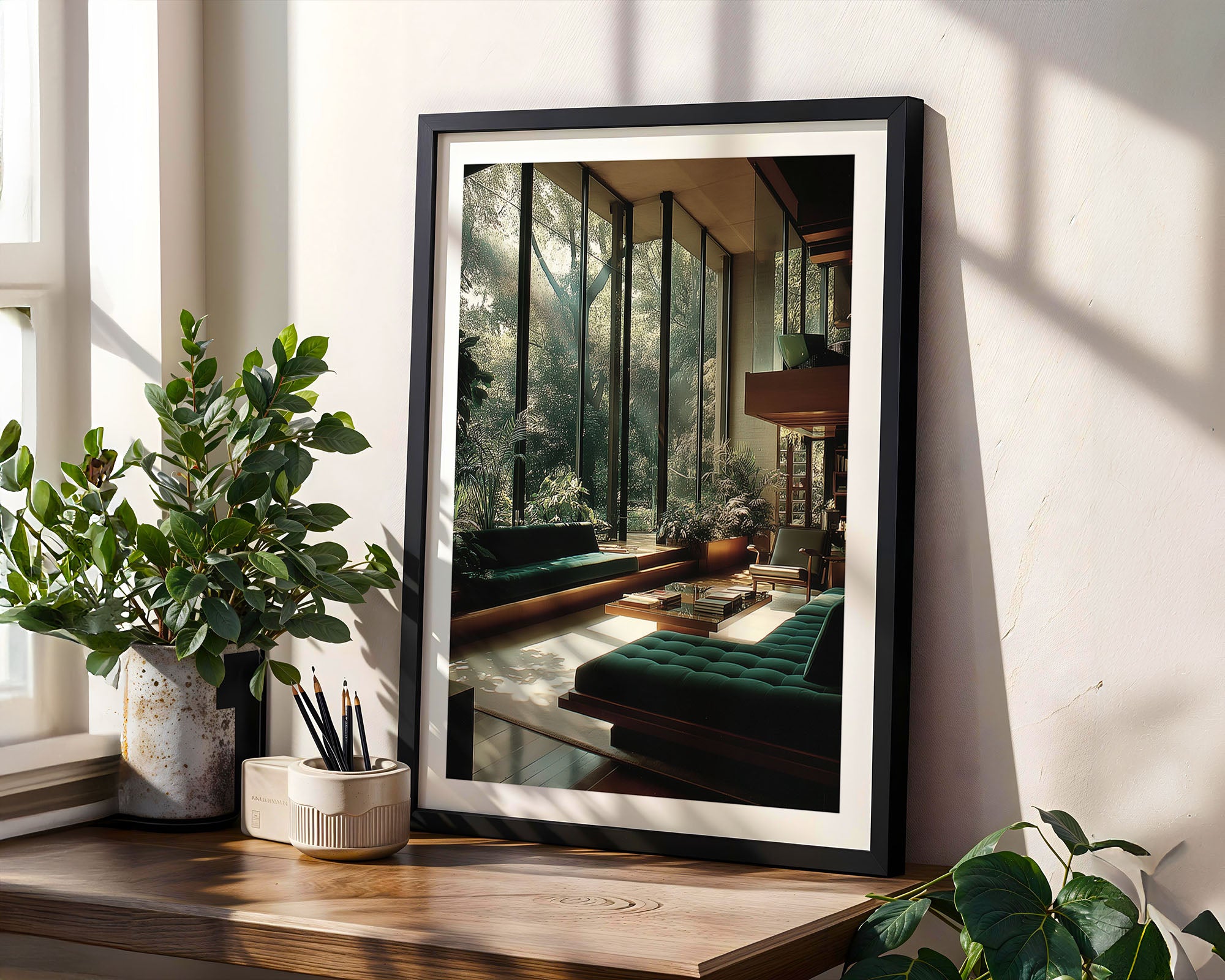 Framed artwork of a living room with large windows, placed on a wooden surface with plants.