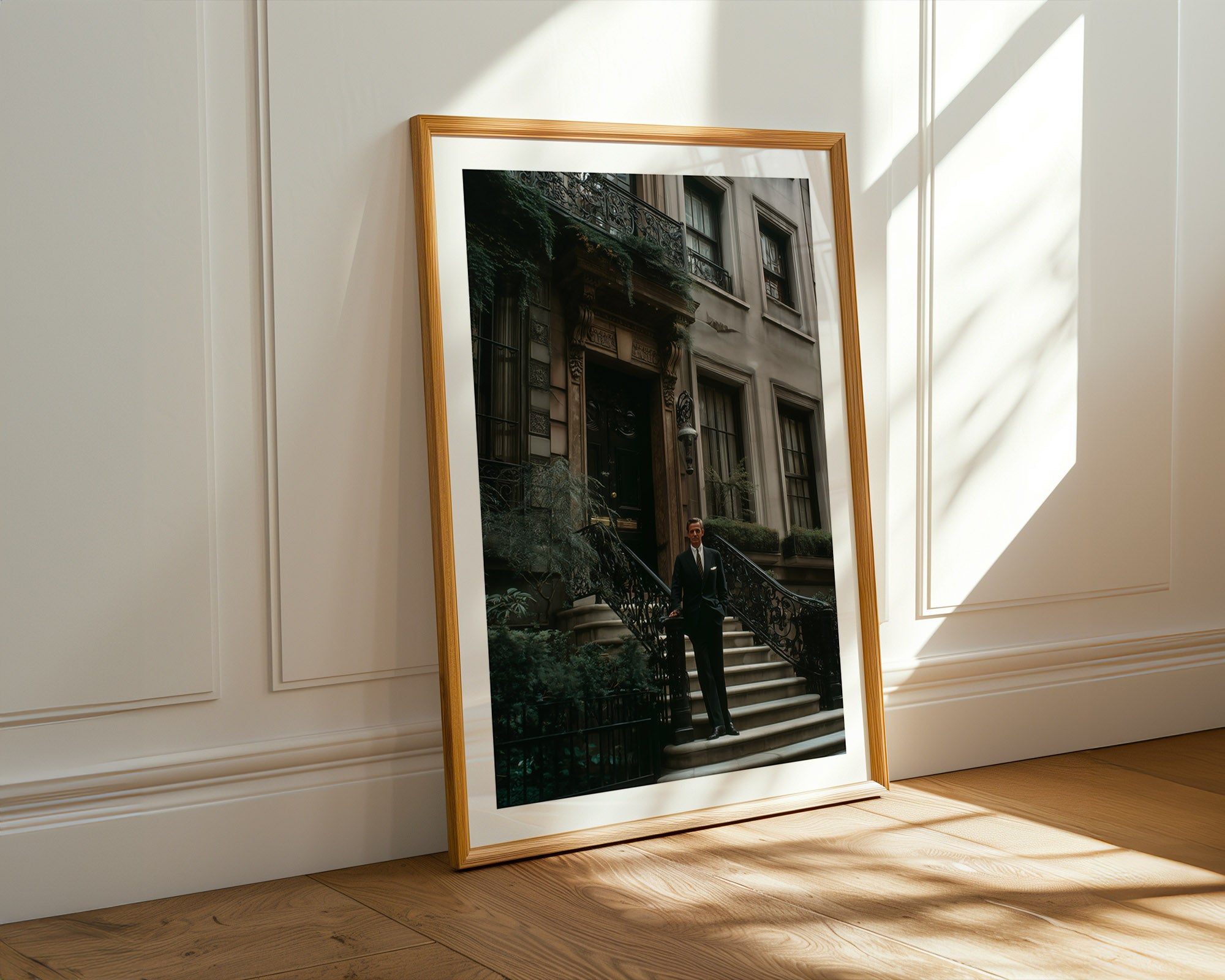 Framed photograph leaning against a wall with sunlight casting shadows.