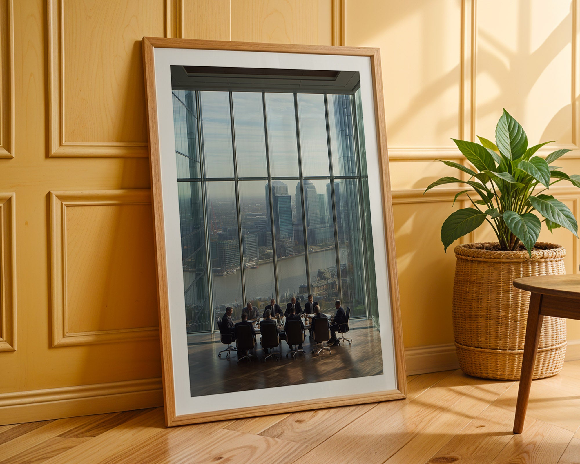Framed photograph of a cityscape with people at a meeting, leaning against a wooden wall.