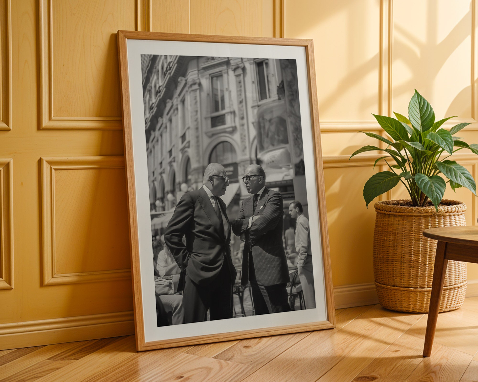 Framed black and white photo of two men on a wooden floor with a plant in the background