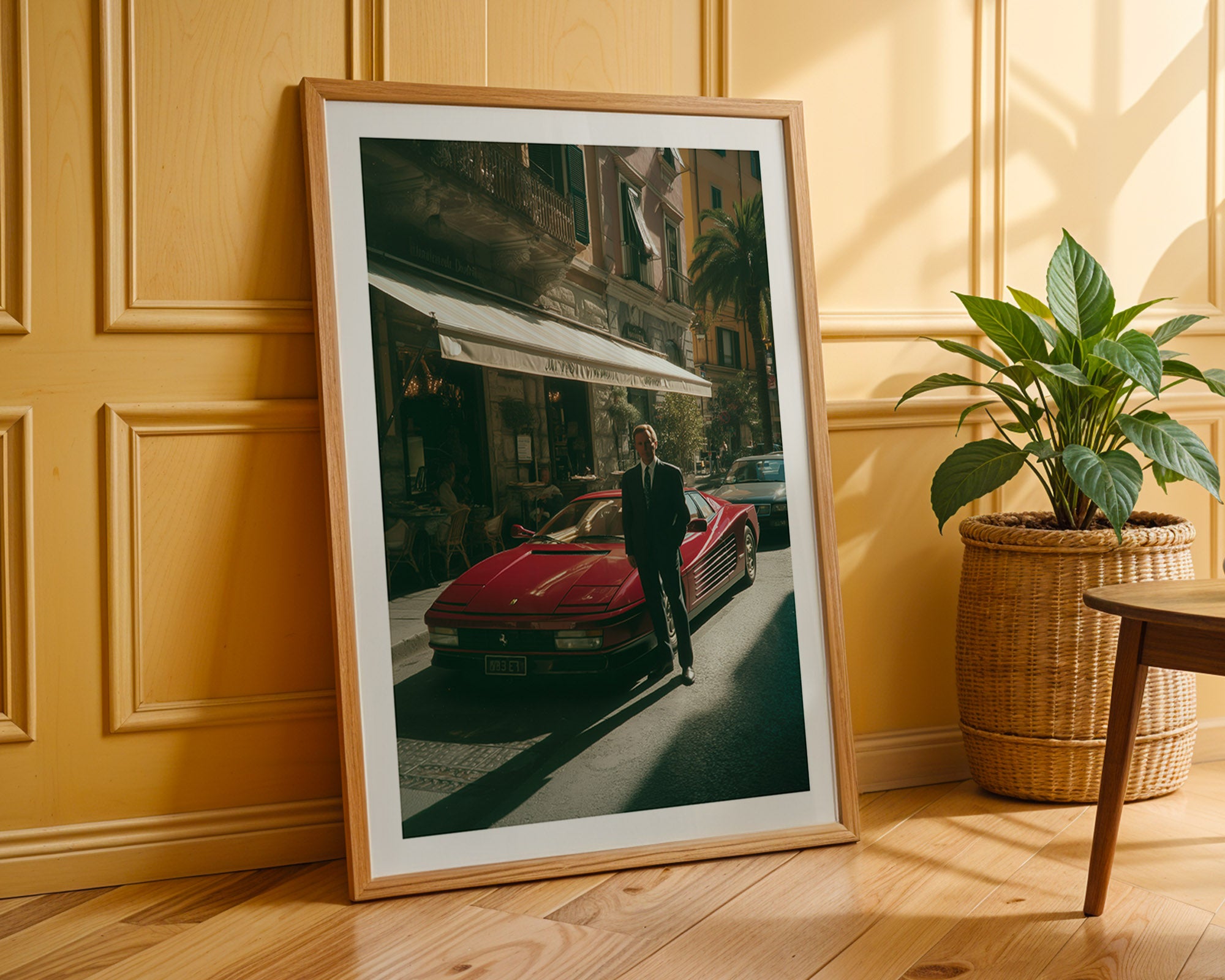 Framed photograph of a man by a red car on a city street, leaning against a wooden wall with a plant beside it.