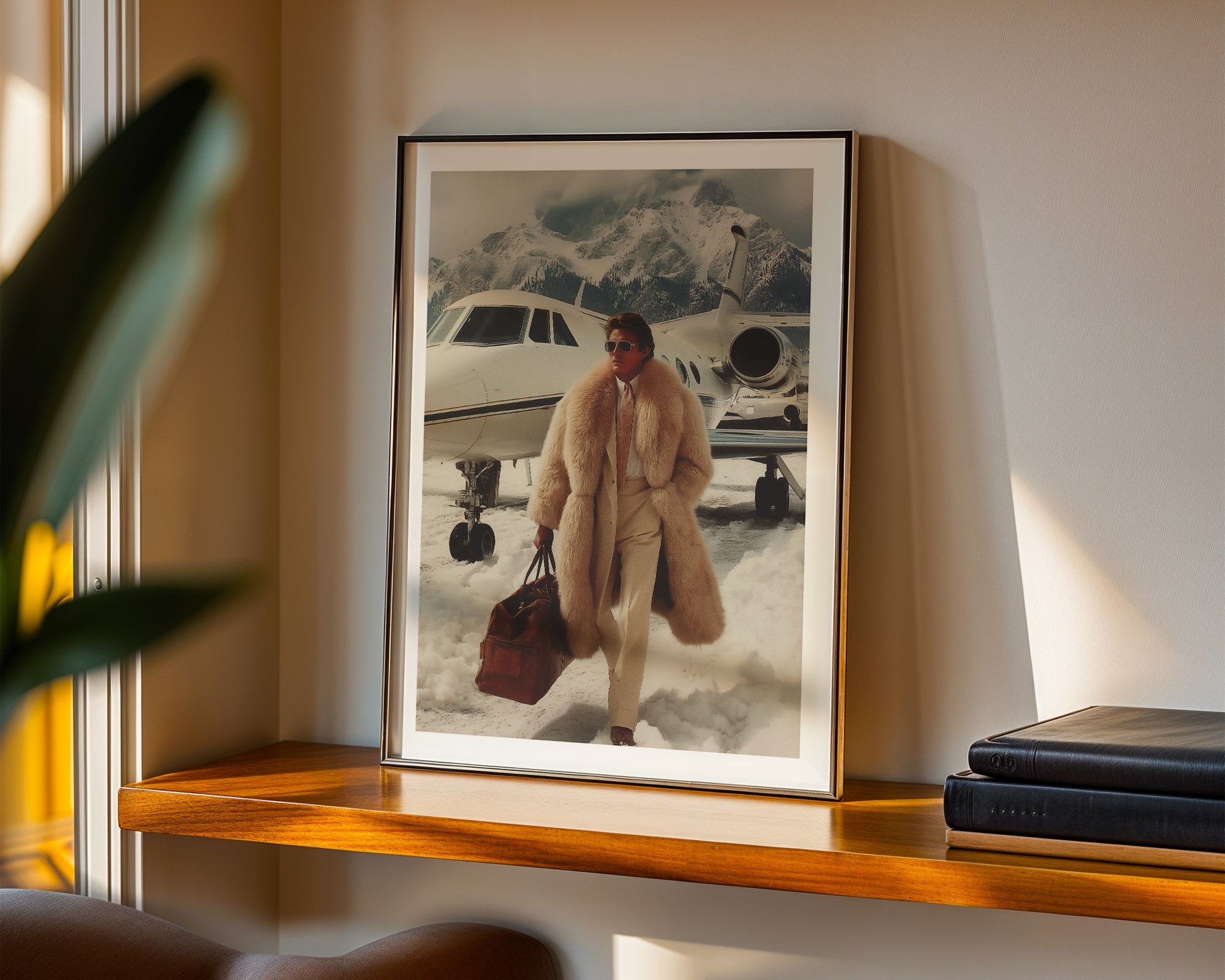 Framed photograph of a person in a fur coat standing next to a private jet on a snowy landscape.