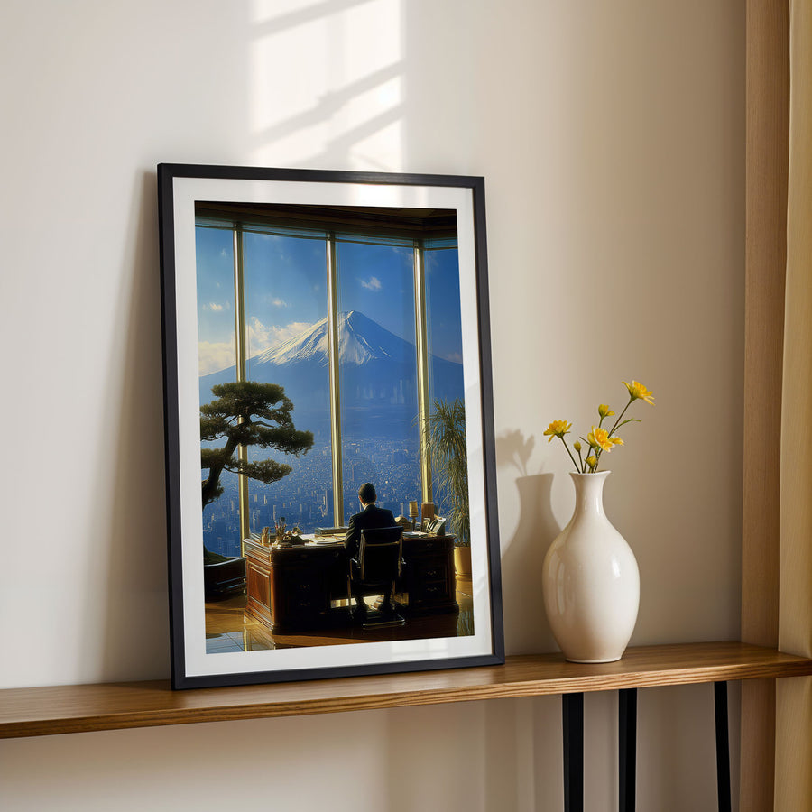 Framed artwork of a person looking out at Mount Fuji, placed on a shelf with a vase and flowers.